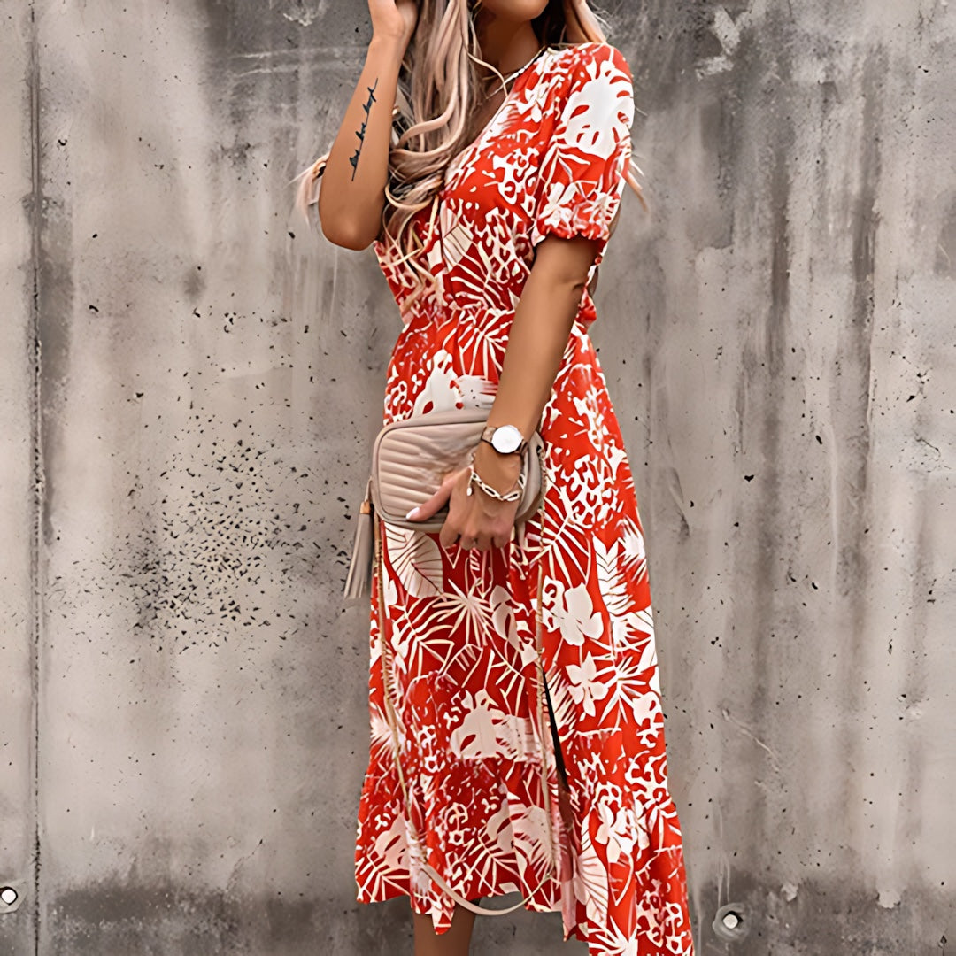 Quinn – Floral Smocked Waist Side Split Midi Dress