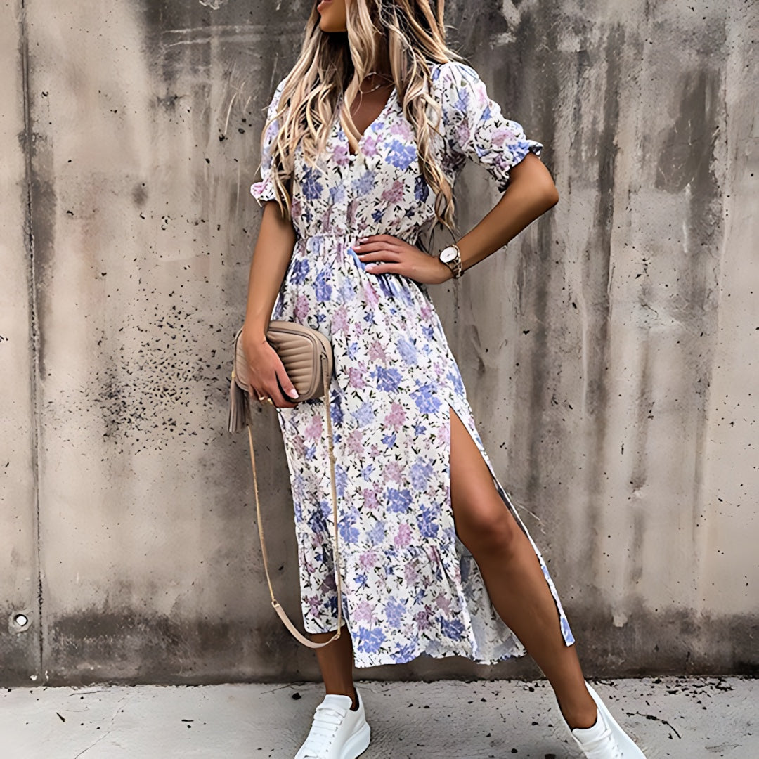 Quinn – Floral Smocked Waist Side Split Midi Dress