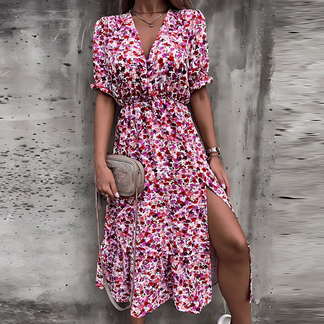 Quinn – Floral Smocked Waist Side Split Midi Dress