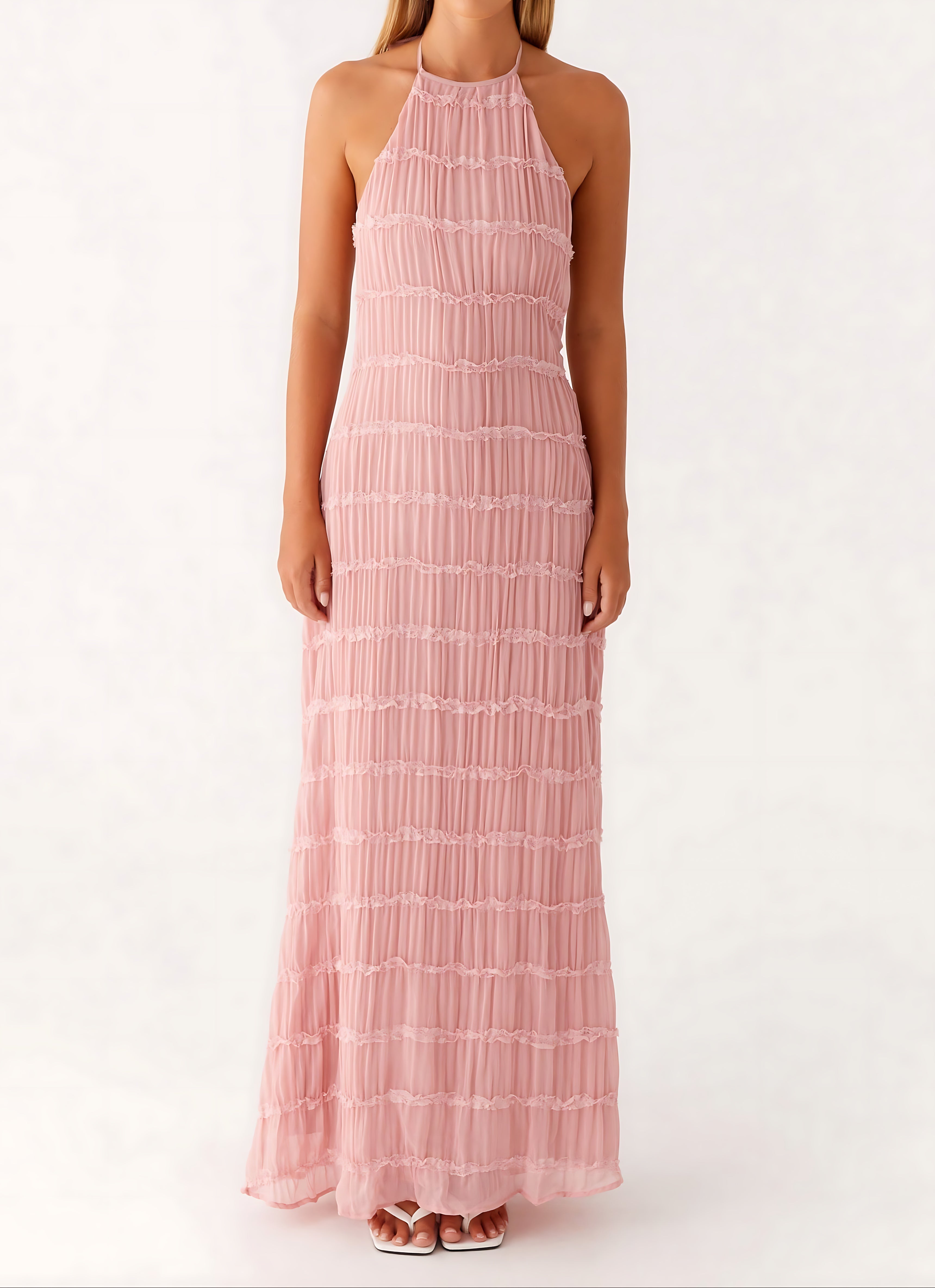 Quinn – Geometric Print Halter Wedding Guest Maxi Dress