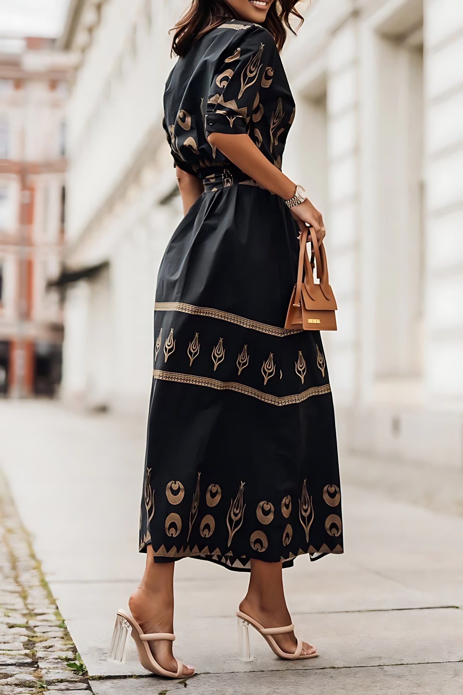 Reagen – Boho Print Long Sleeve A Line Midi Dress