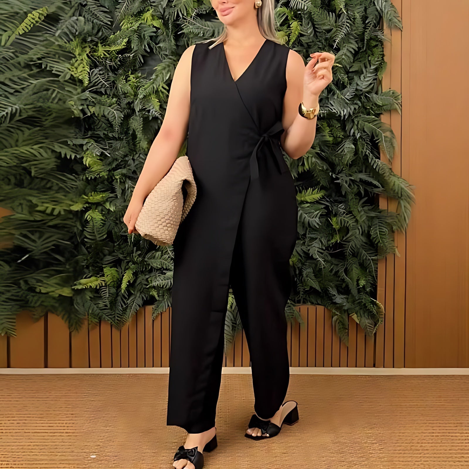 Reagen – Wrap V Neck Tie Waist Casual Jumpsuit
