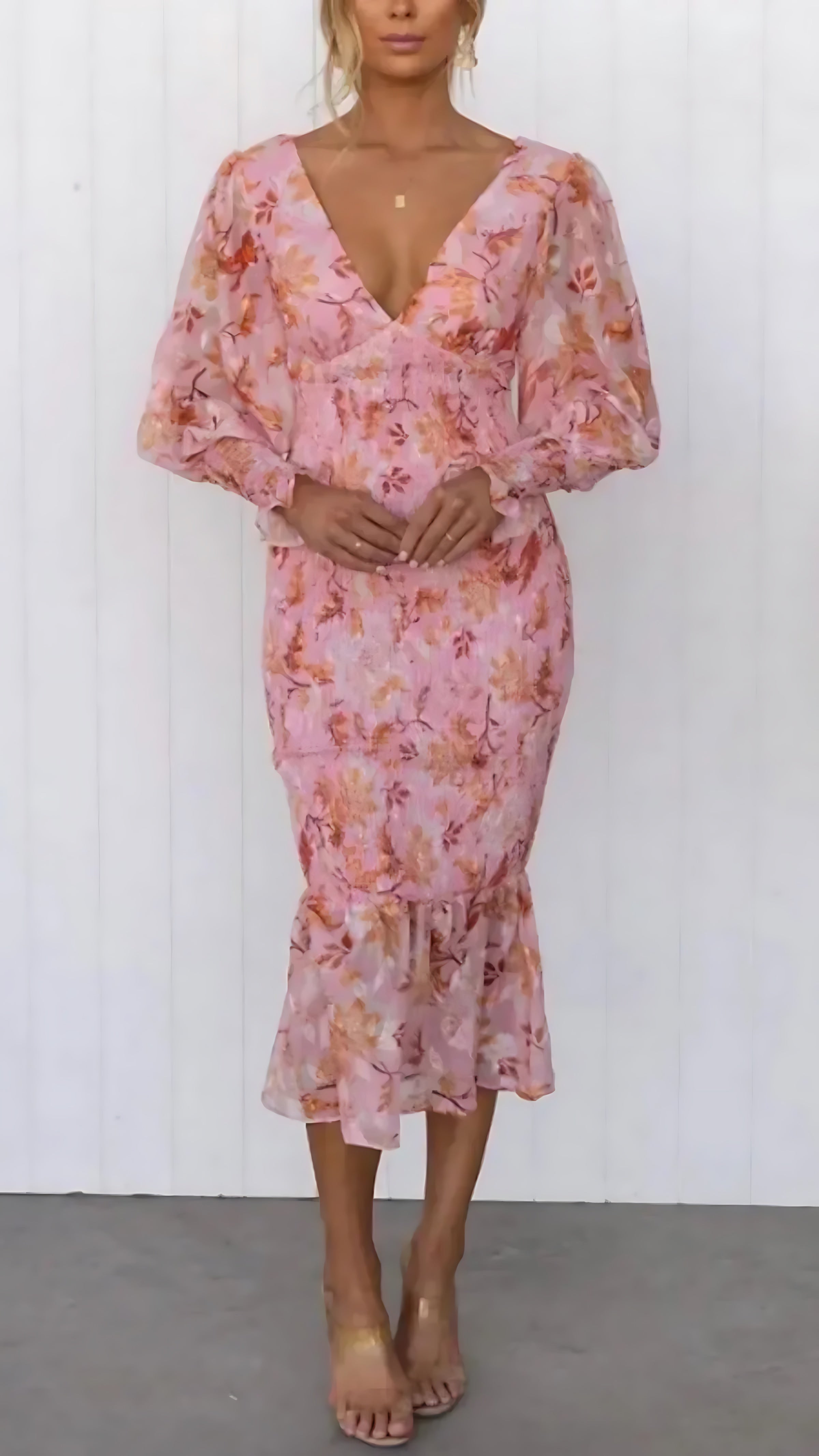 Rebecca – Floral V Neck Puff Sleeve Wedding Guest Midi Dress