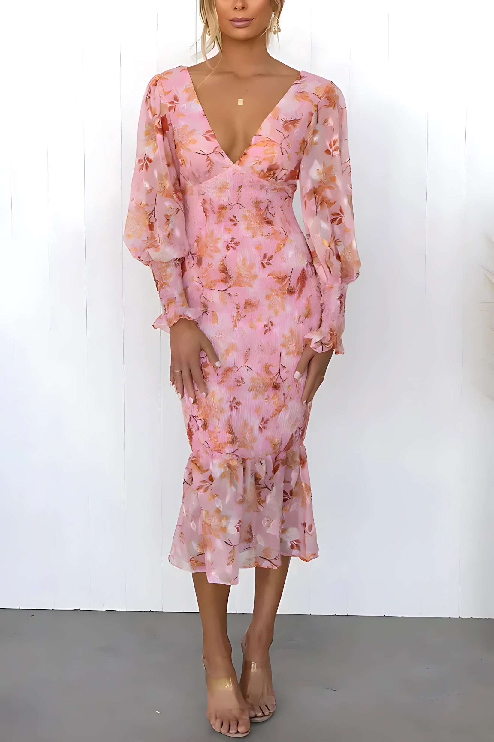 Rebecca – Floral V Neck Puff Sleeve Wedding Guest Midi Dress
