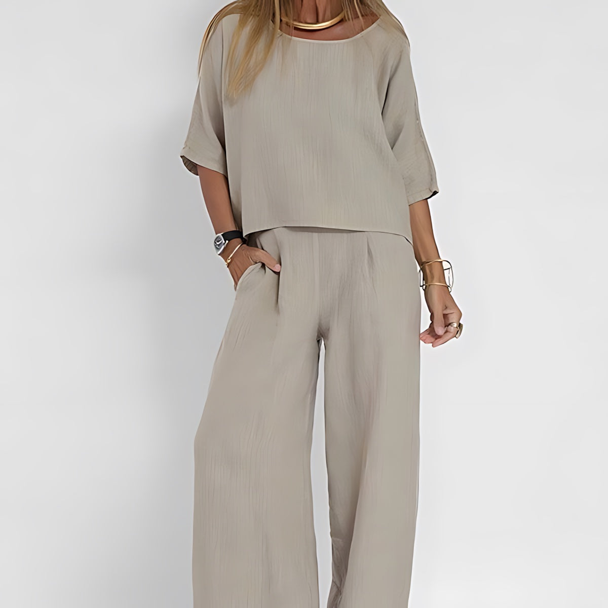 Rebecca – Short Sleeve Knit Top And Wide Leg Pants Set