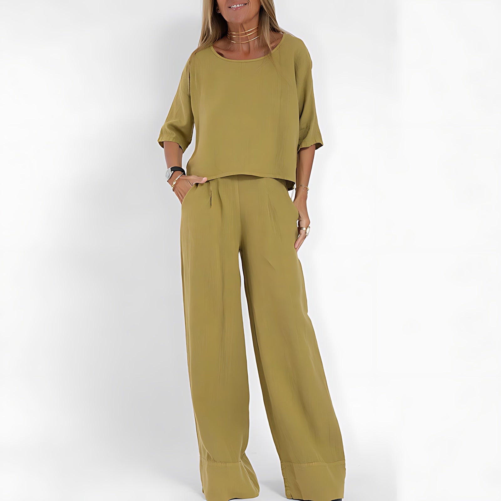 Rebecca – Short Sleeve Knit Top And Wide Leg Pants Set