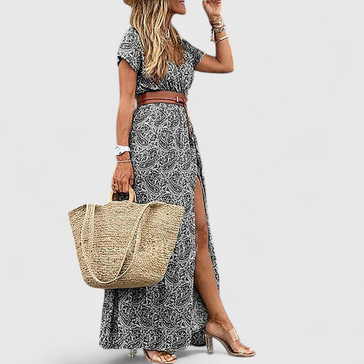 Amaya – Boho Print Wrap High Slit Maxi Dress