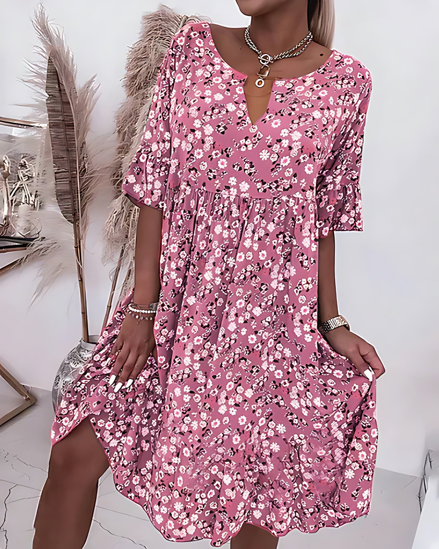 Rosalie – Ditsy Floral V Neck Ruffle Sleeve Mini Dress