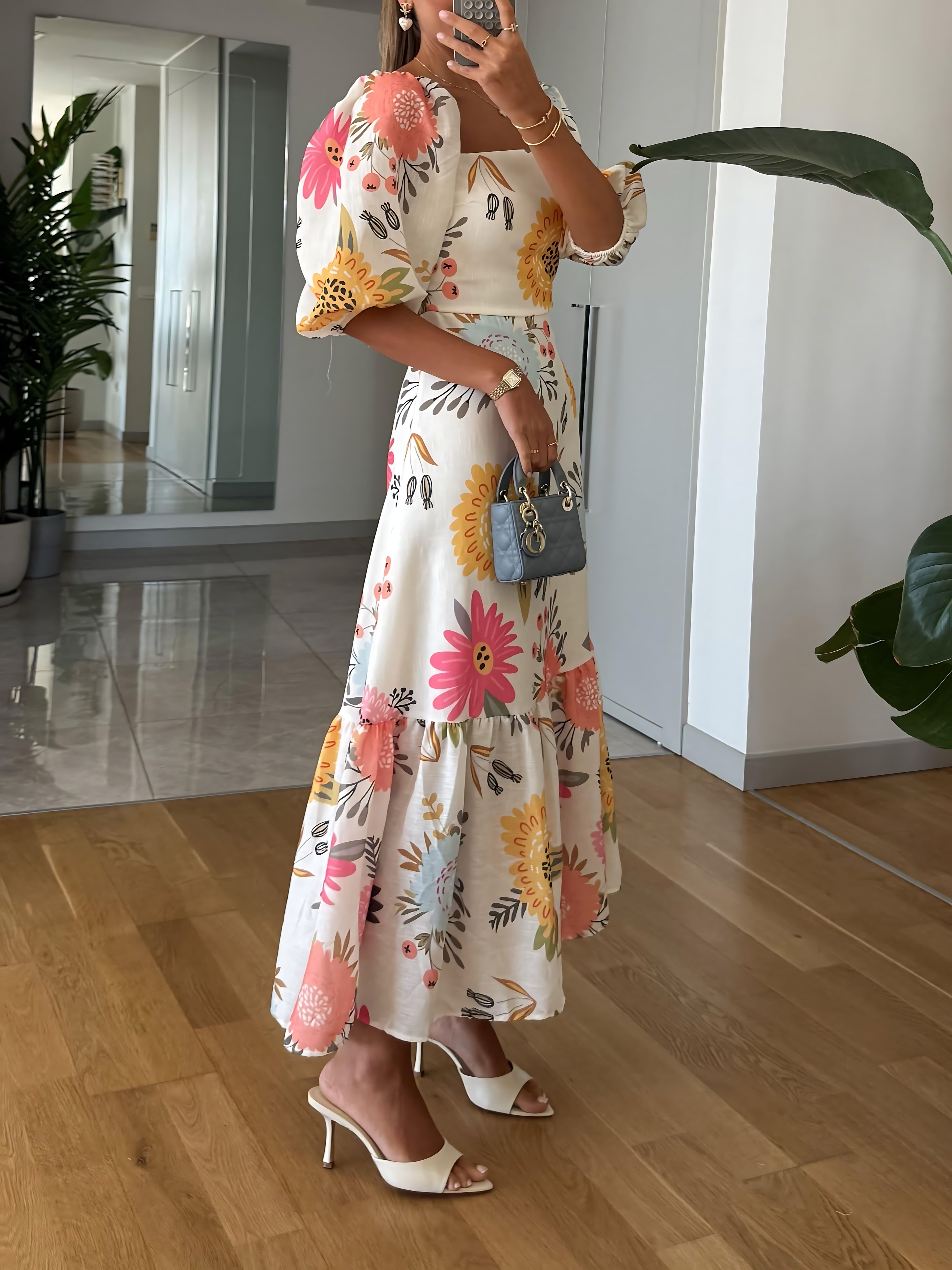 Rosalie – Floral Square Neck Puff Sleeve Midi Dress