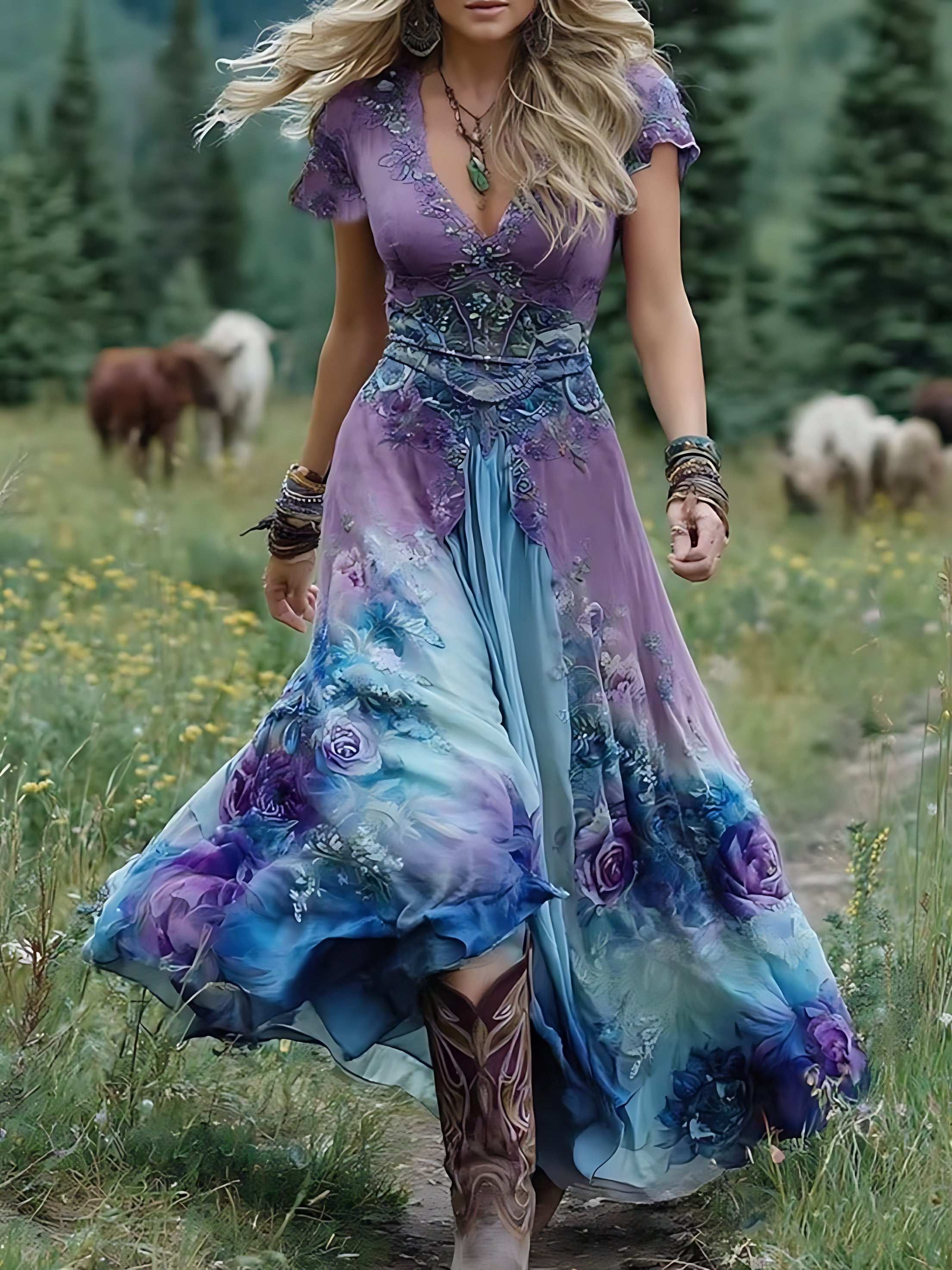 Rose – Floral Print V Neck Boho Maxi Dress