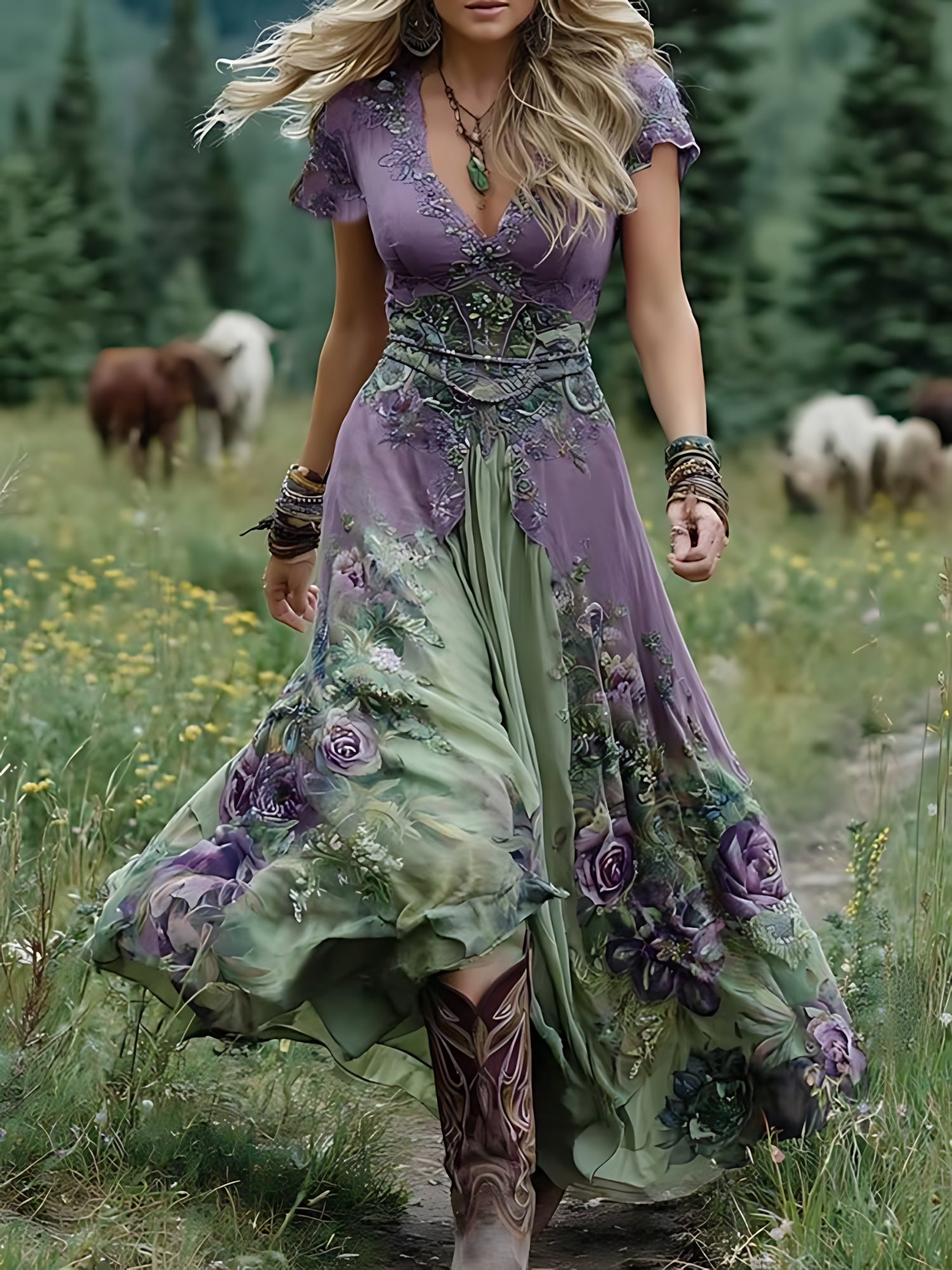 Rose – Floral Print V Neck Boho Maxi Dress