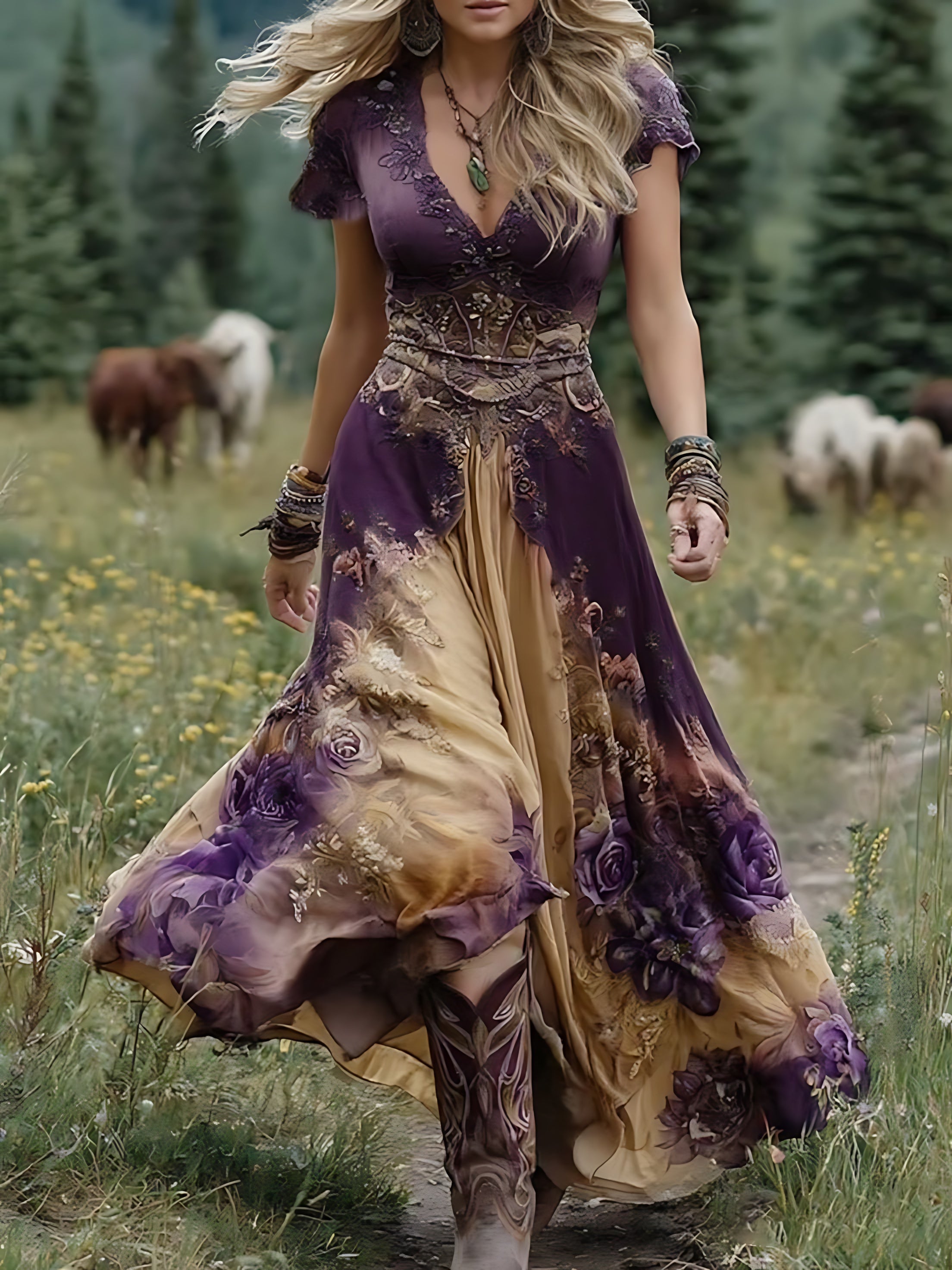 Rose – Floral Print V Neck Boho Maxi Dress