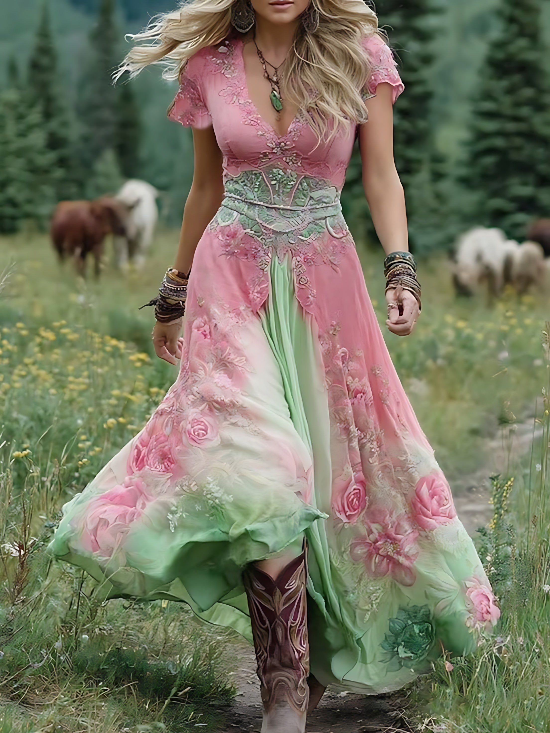 Rose – Floral Print V Neck Boho Maxi Dress