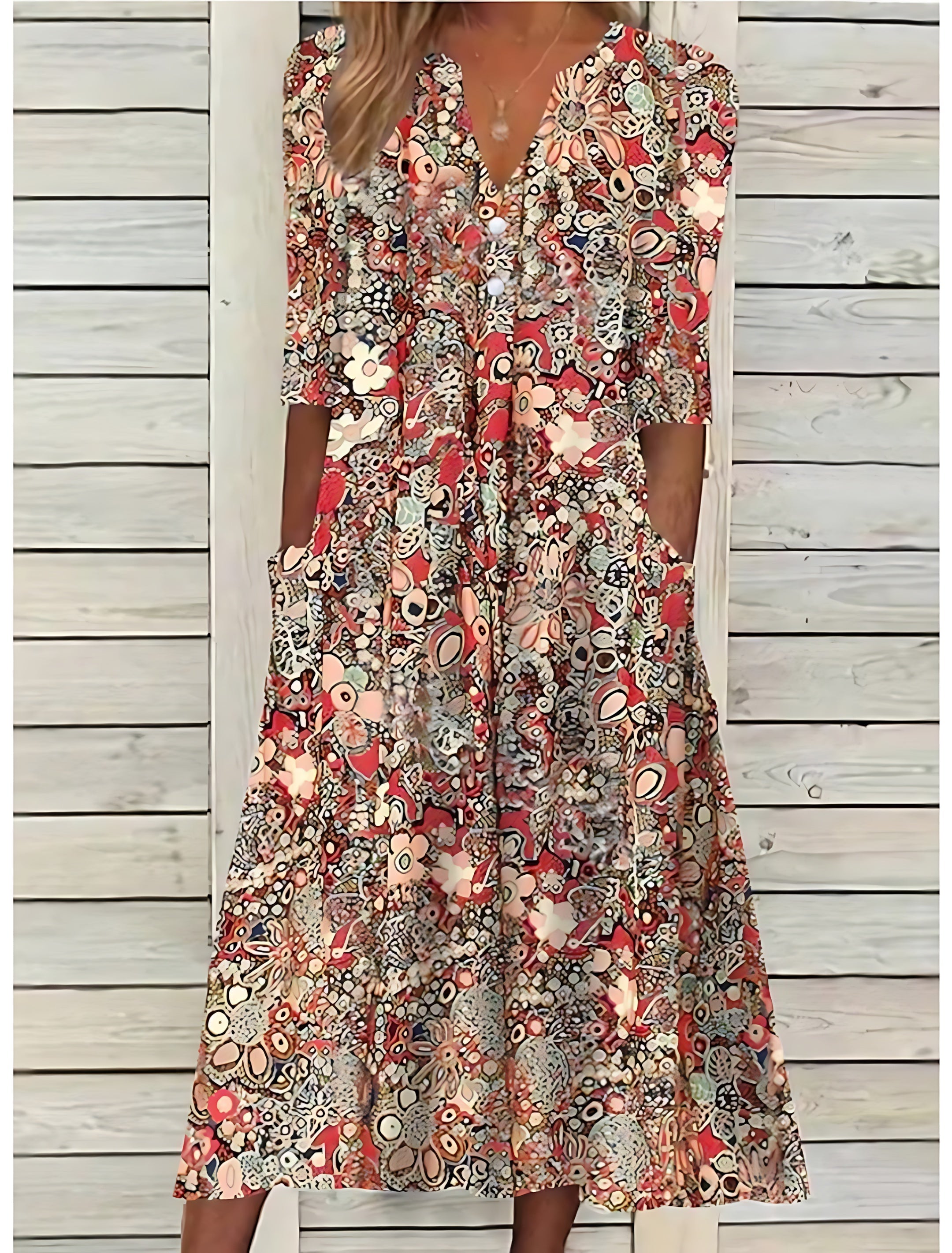 Ruby – Floral Print 3/4 Sleeve Summer Midi Dress