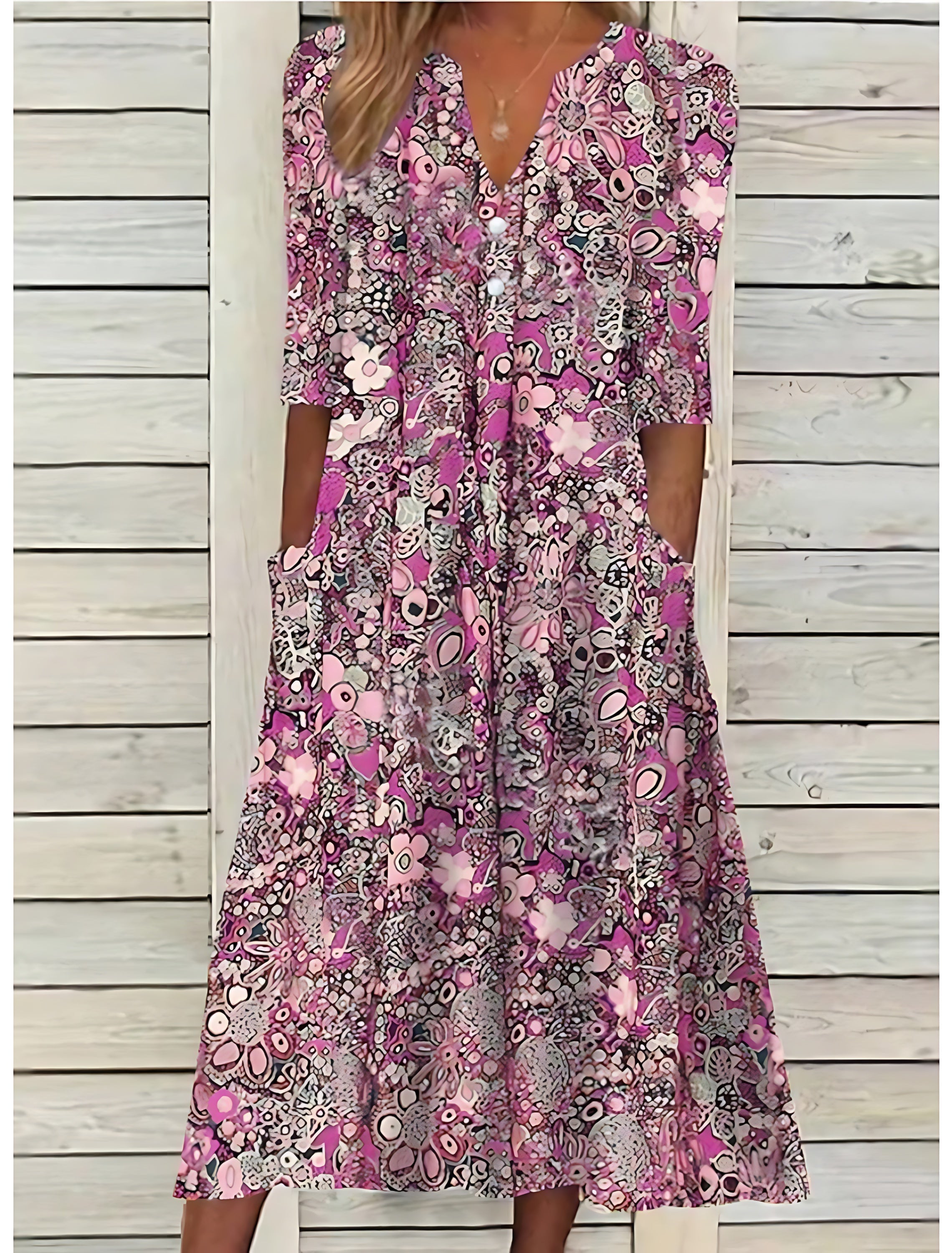 Ruby – Floral Print 3/4 Sleeve Summer Midi Dress