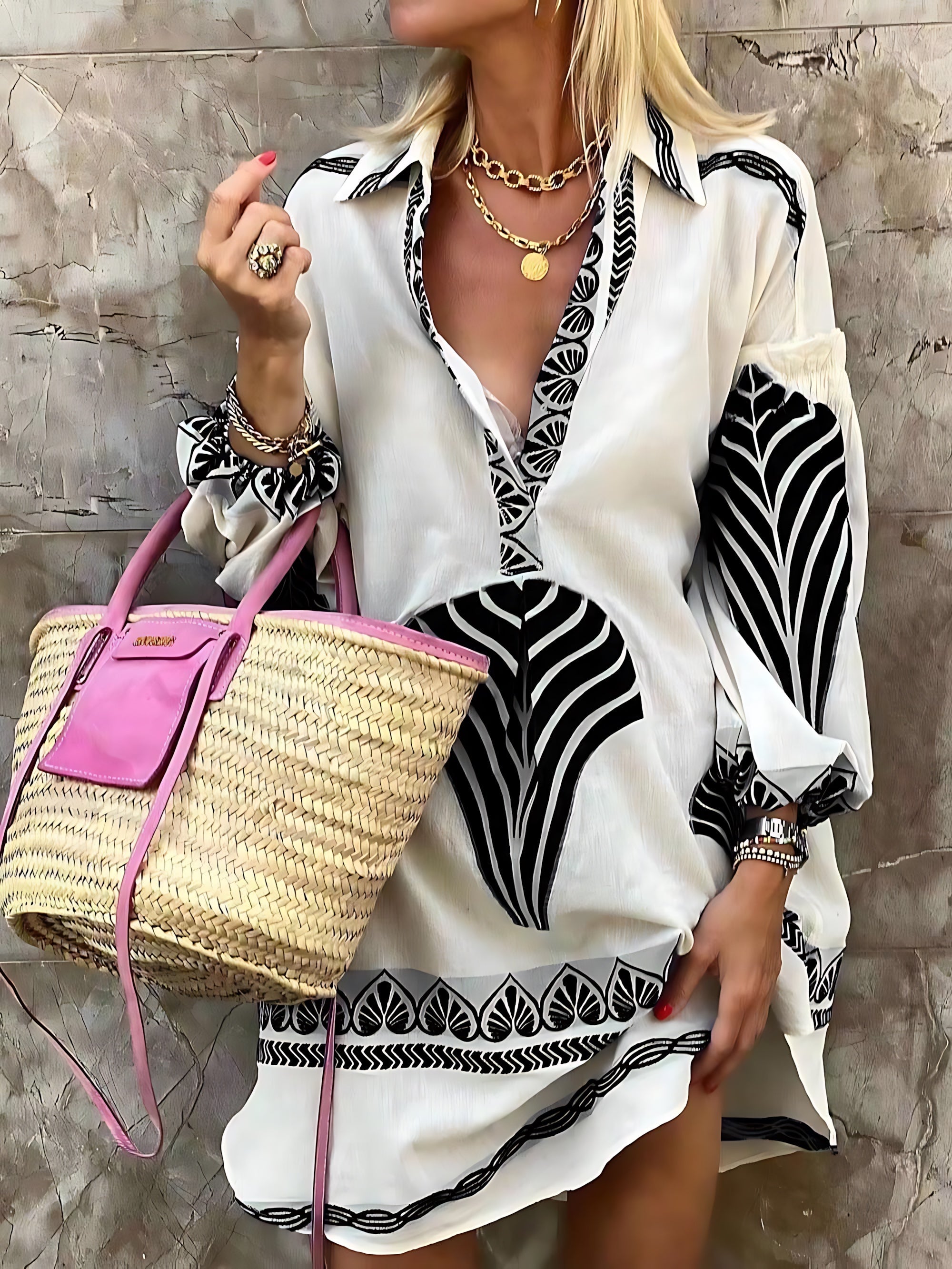 Ruby – Printed Deep V Neck Long Sleeve Mini Dress