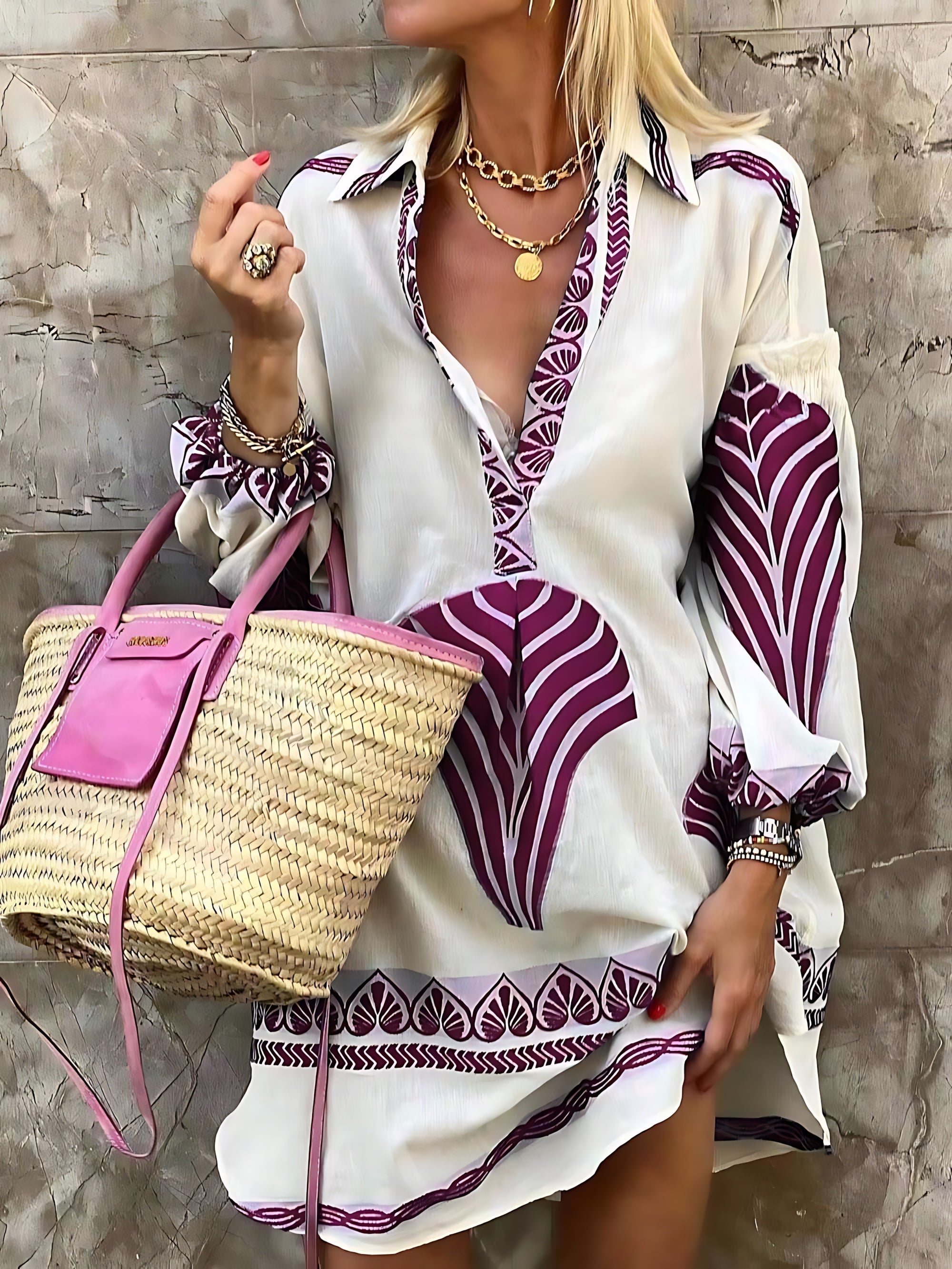 Ruby – Printed Deep V Neck Long Sleeve Mini Dress