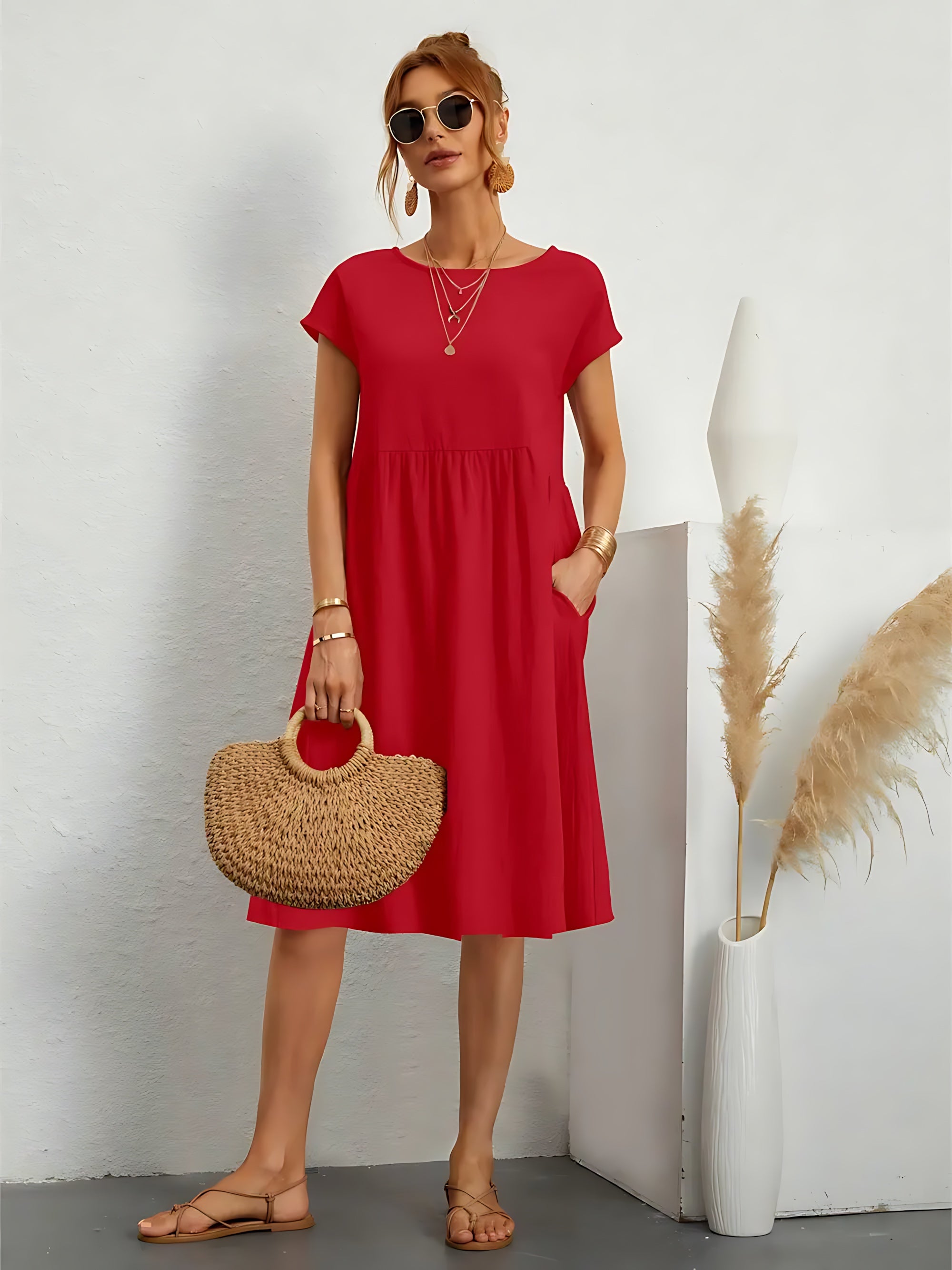 Sabrina – Crew Neck Short Sleeve A Line Midi Dress