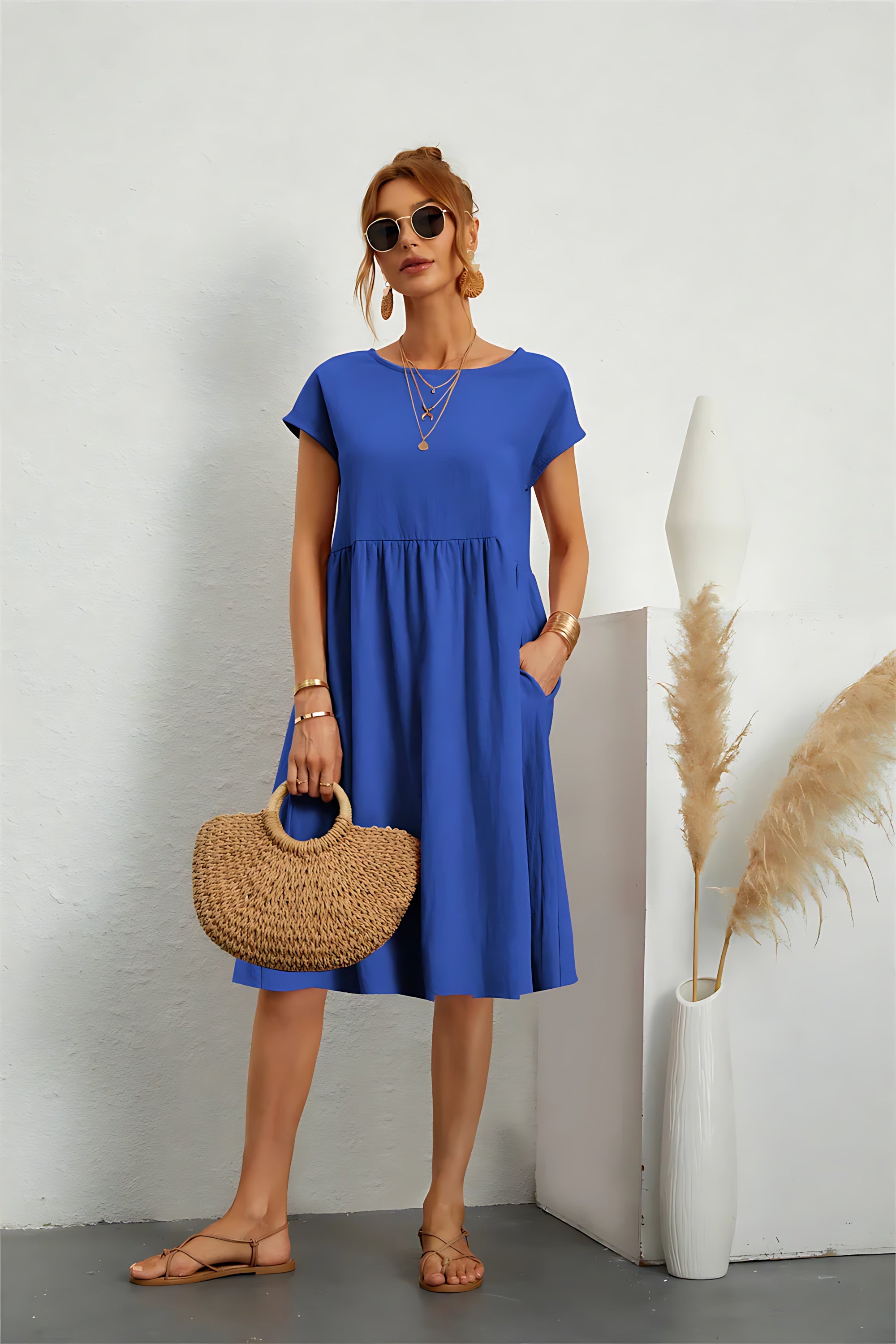 Sabrina – Crew Neck Short Sleeve A Line Midi Dress