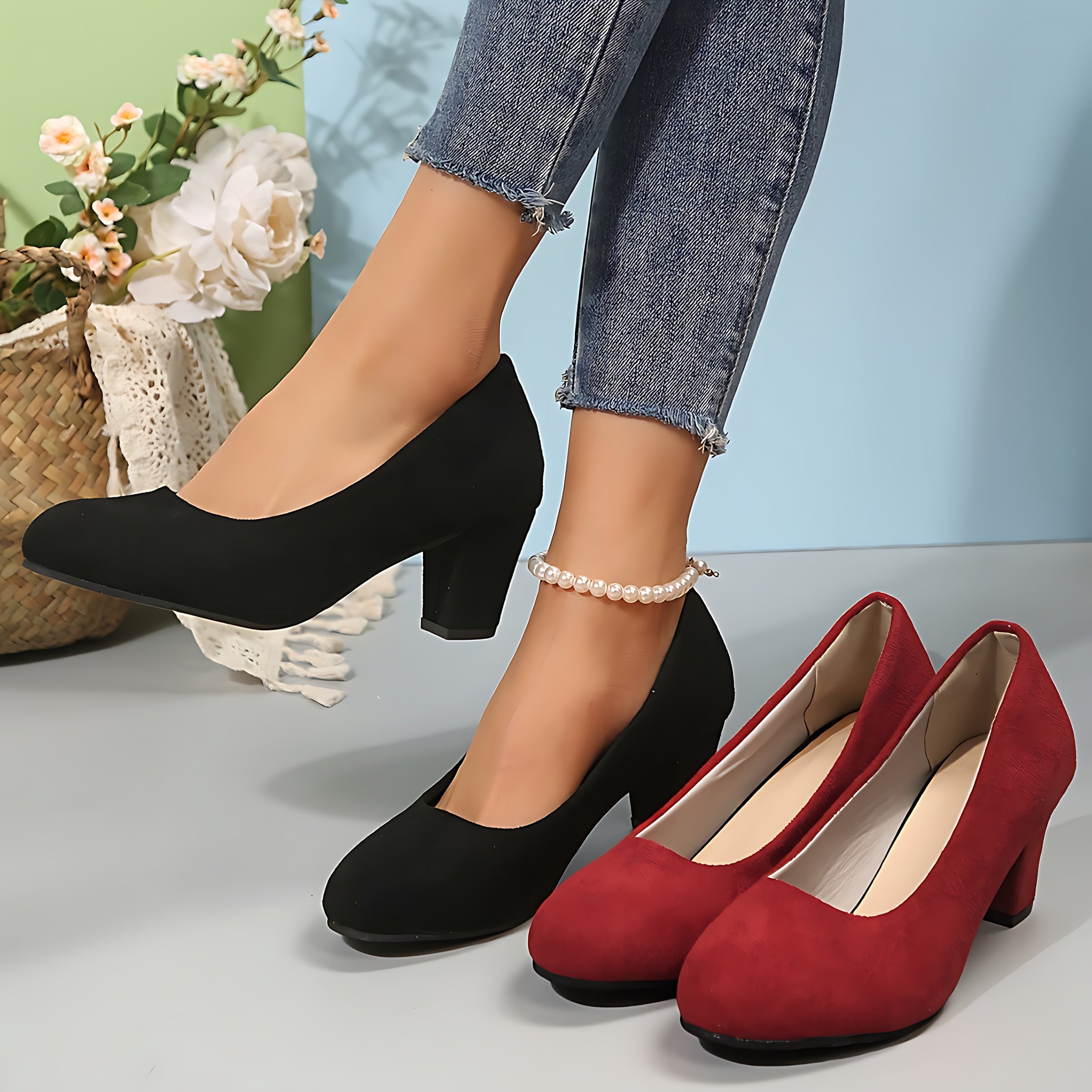Sabrina – Suede Round Toe Block Heel Pumps
