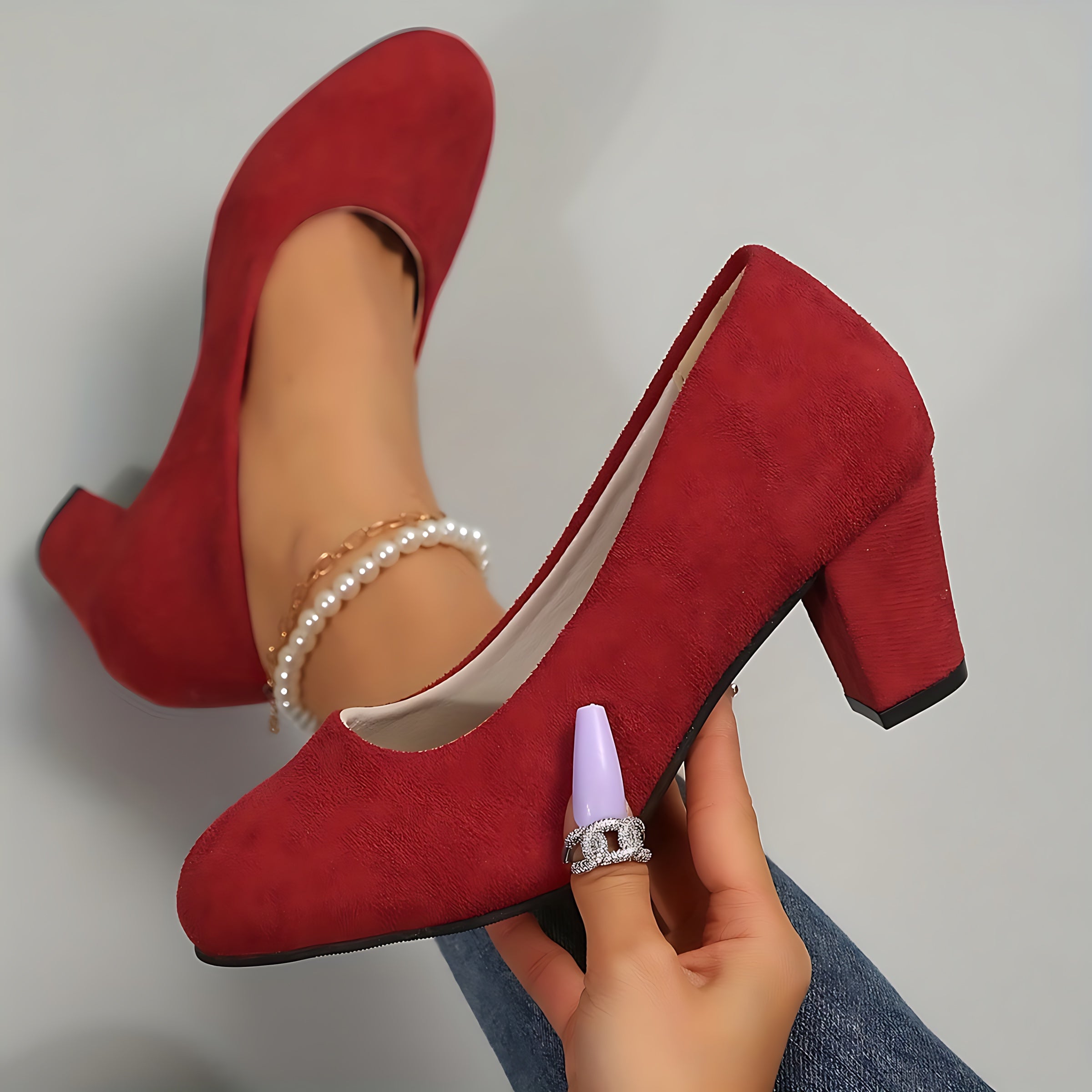 Sabrina – Suede Round Toe Block Heel Pumps