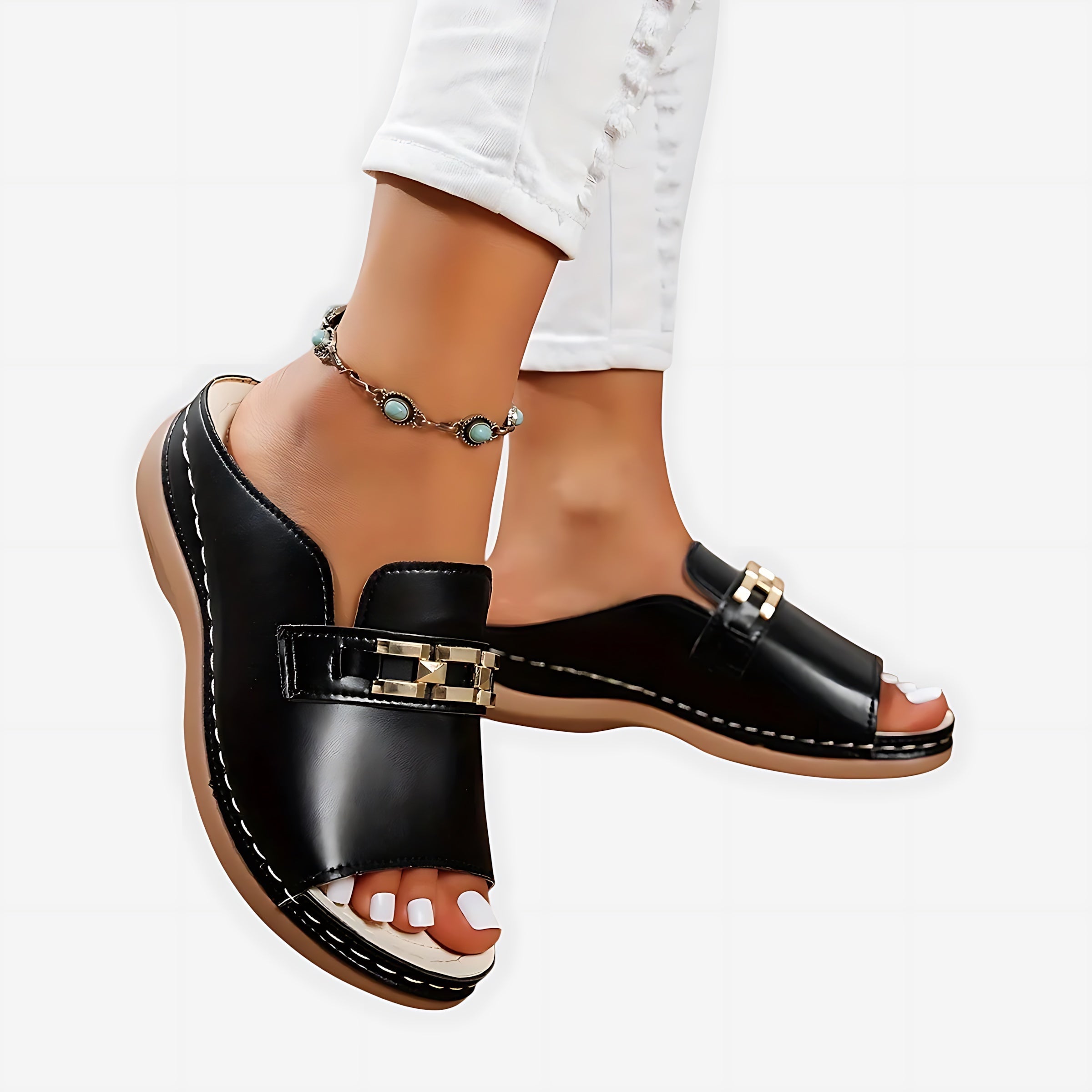 Sadie – Chain Slide Low Wedge Sandals