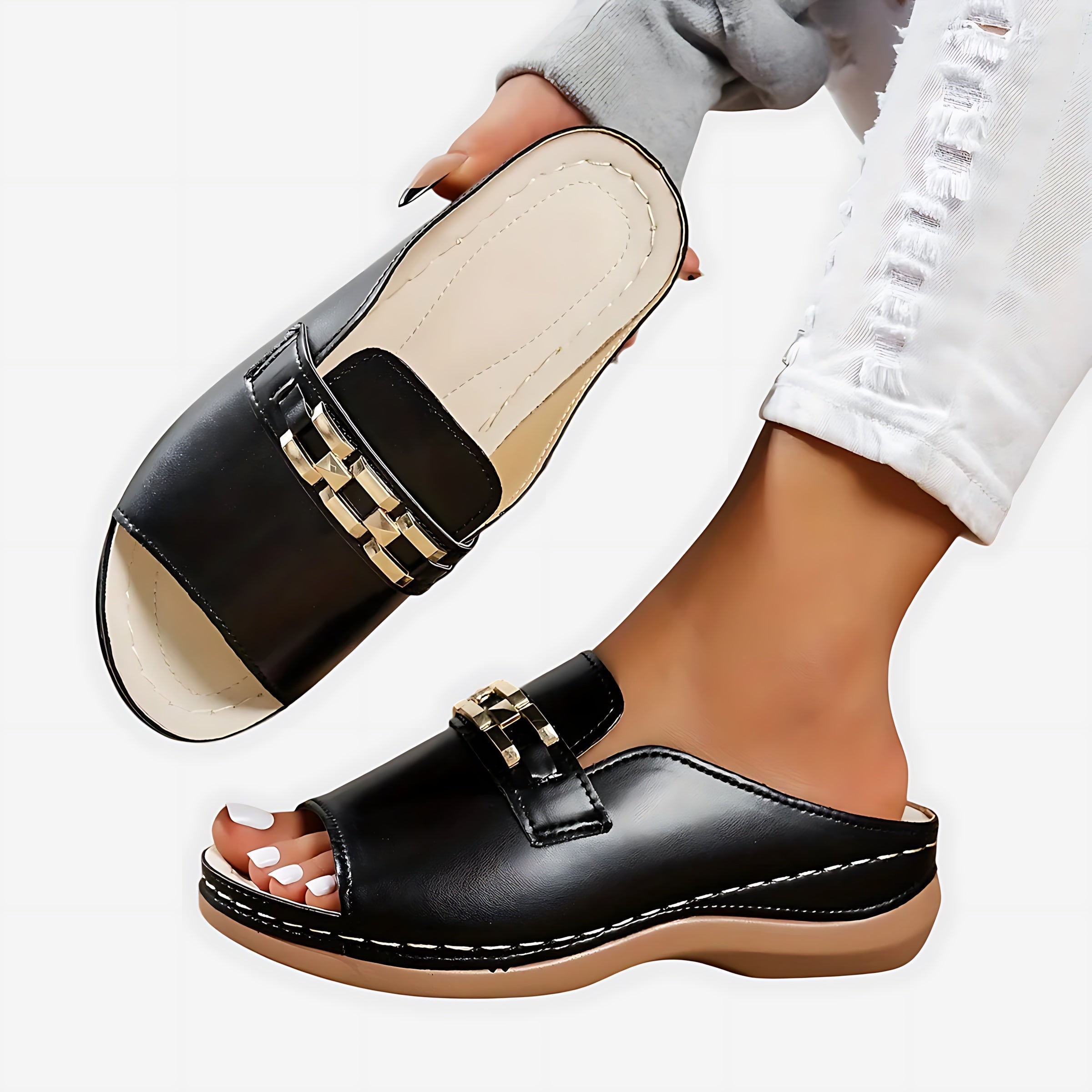 Sadie – Chain Slide Low Wedge Sandals
