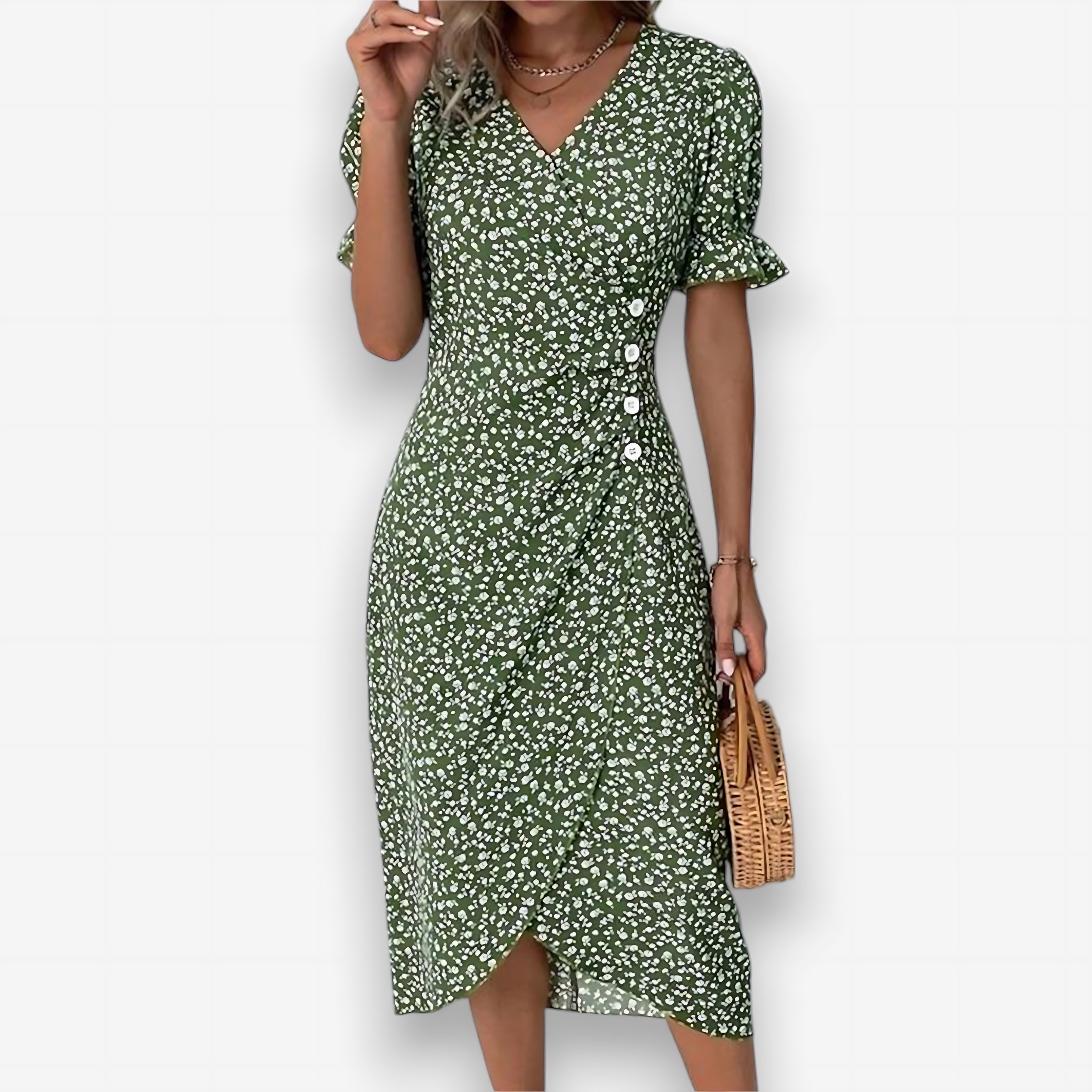 Sadie – Ditsy Floral Puff Sleeve Wrap Midi Dress