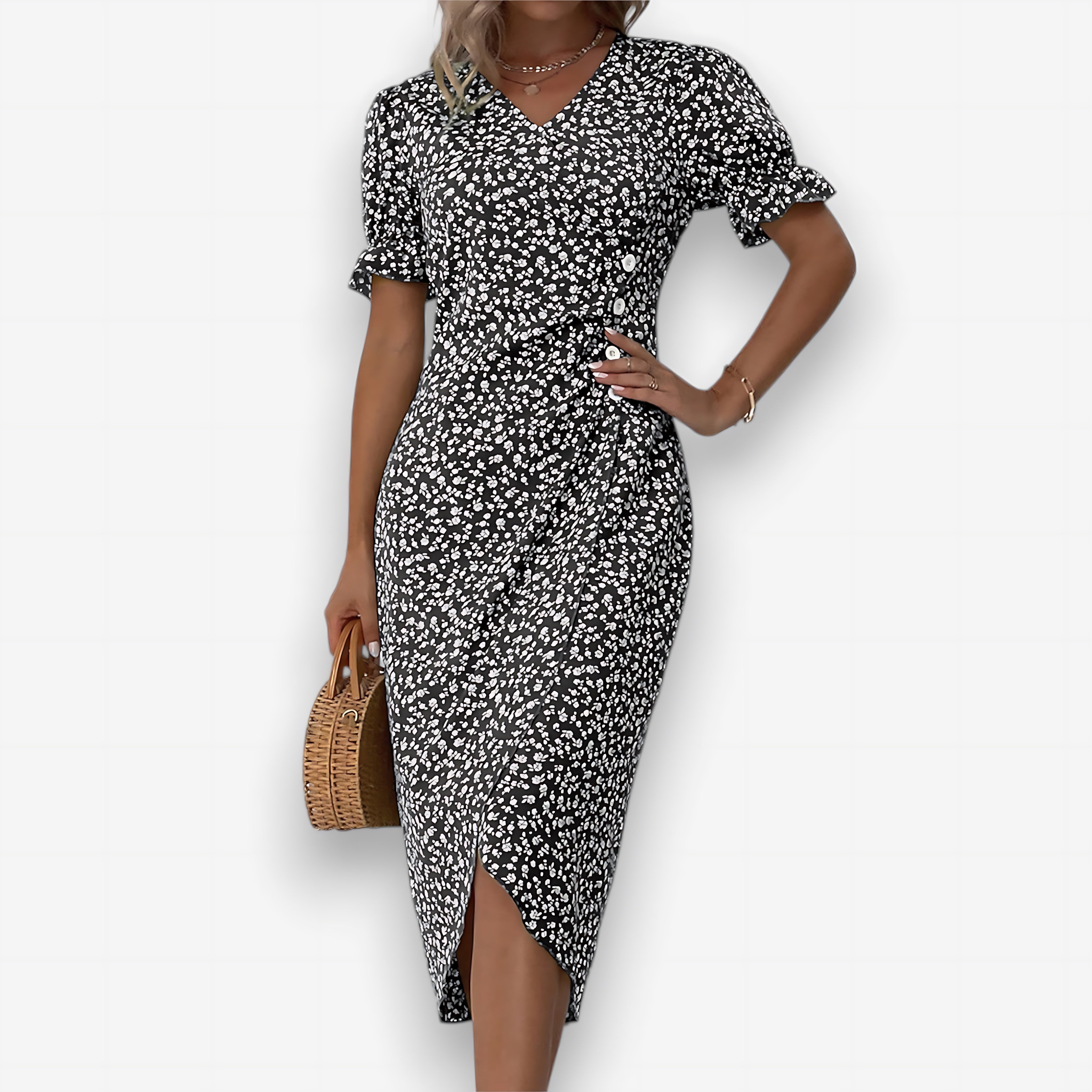 Sadie – Ditsy Floral Puff Sleeve Wrap Midi Dress