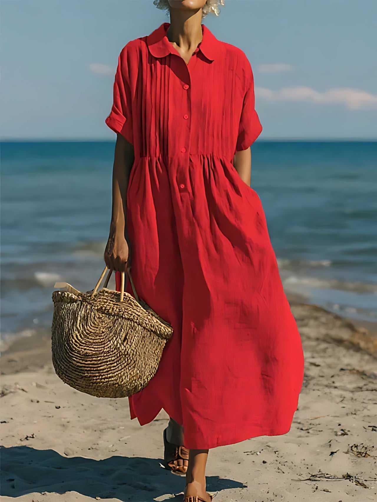 Sara – Collared Short Sleeve Midi Shirt Dress