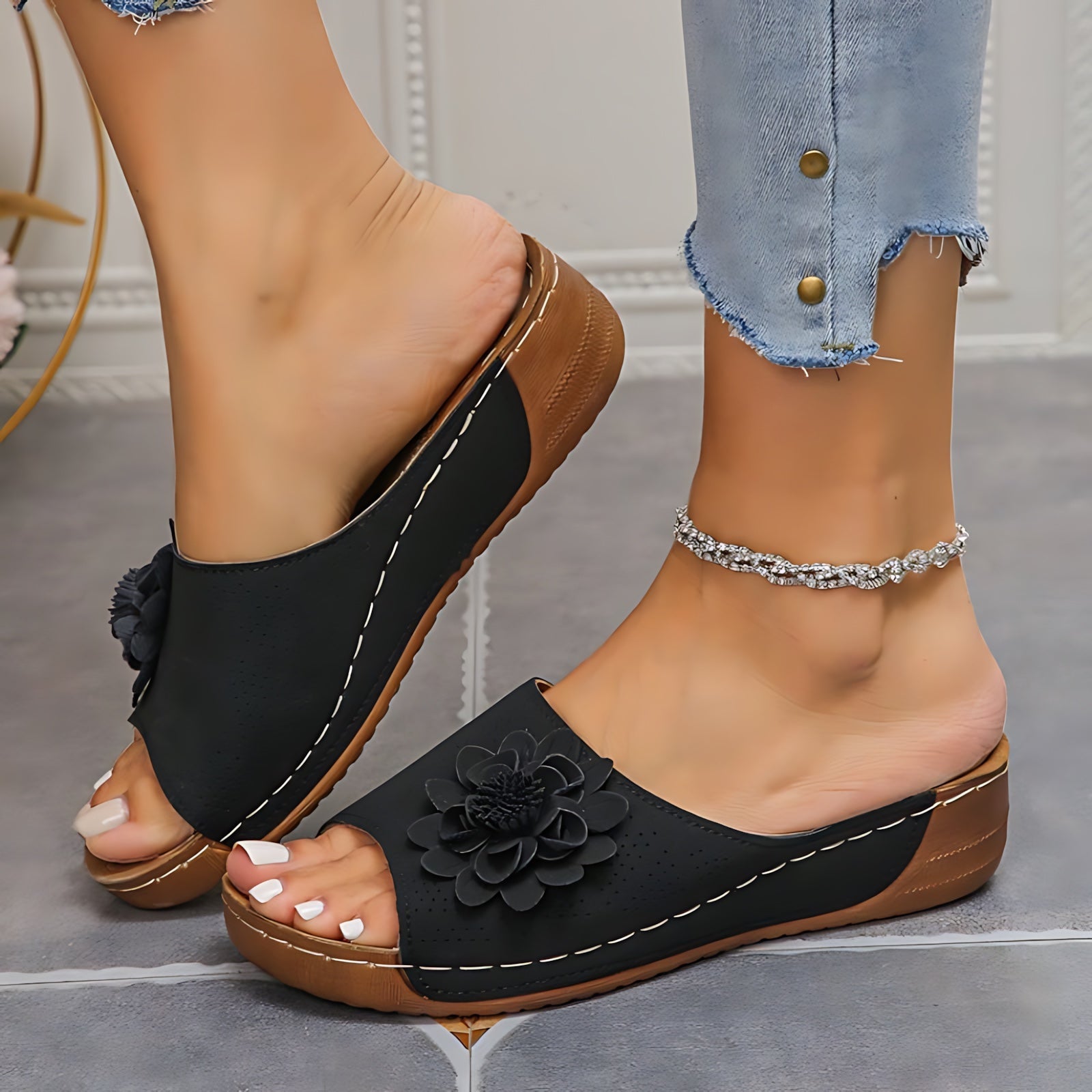 Sara – Floral Wedge Slide Sandals