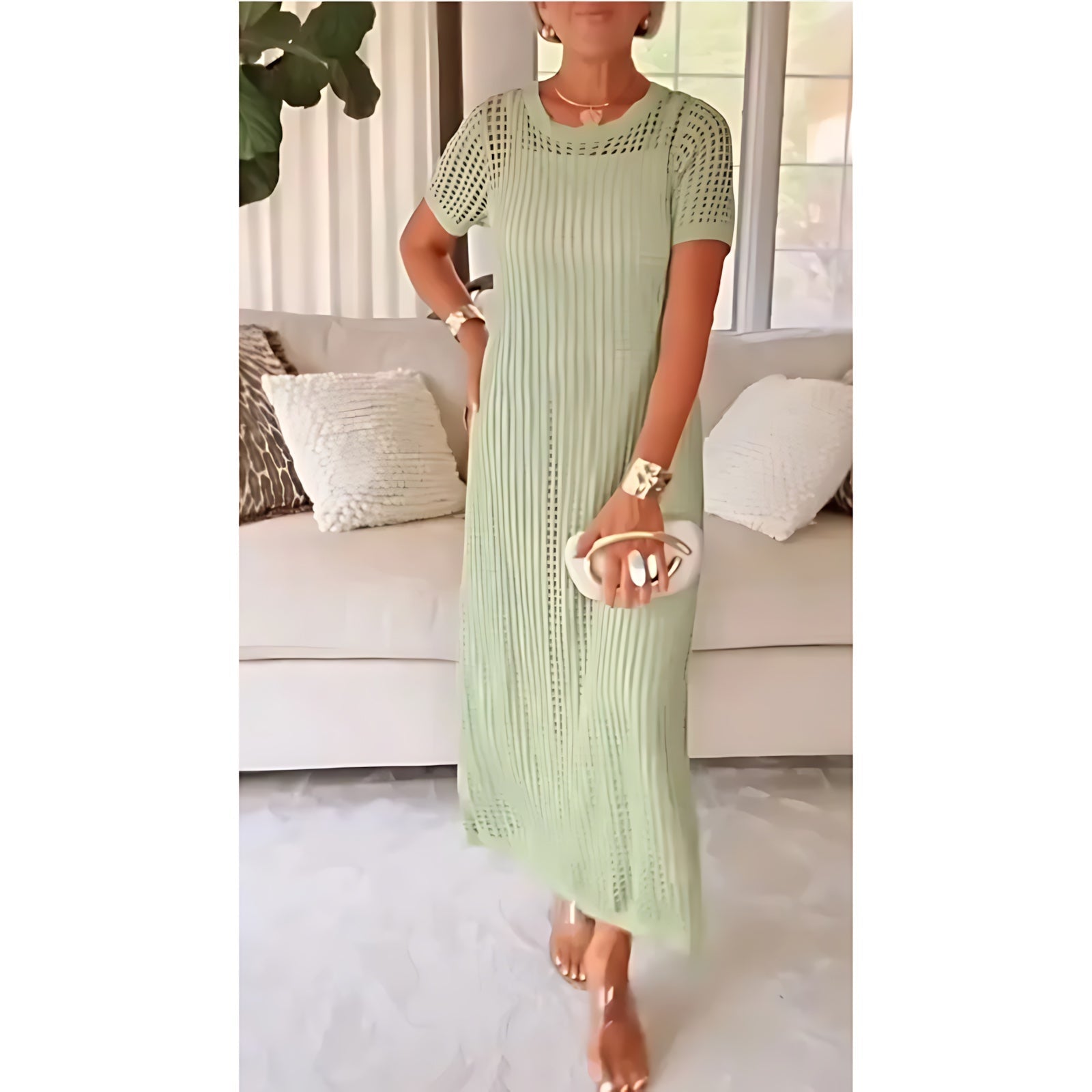 Sara – Open Knit Overlay Short Sleeve Maxi Dress