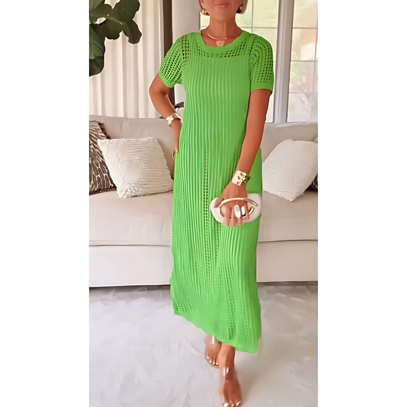 Sara – Open Knit Overlay Short Sleeve Maxi Dress