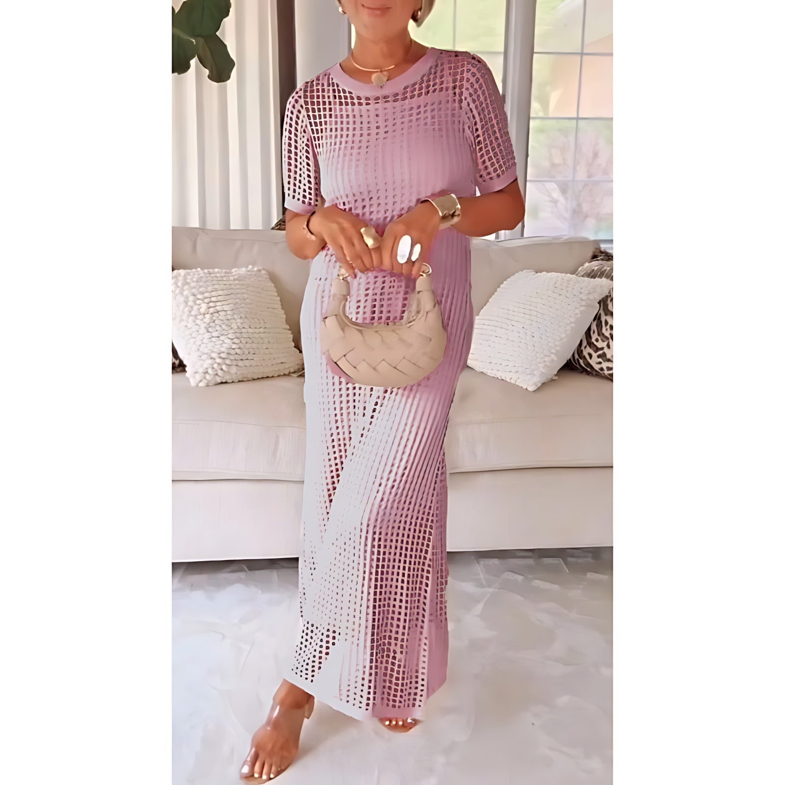 Sara – Open Knit Overlay Short Sleeve Maxi Dress
