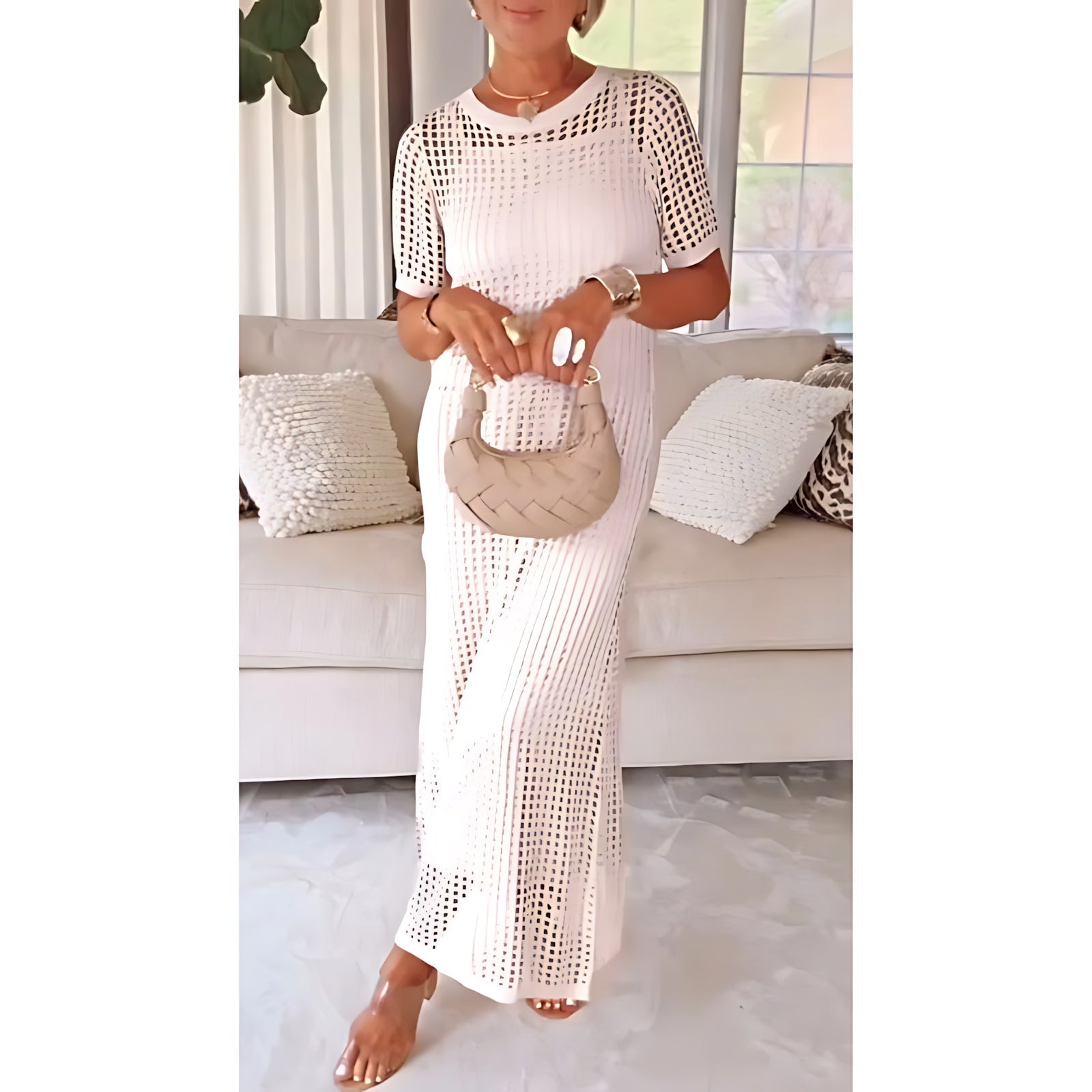 Sara – Open Knit Overlay Short Sleeve Maxi Dress