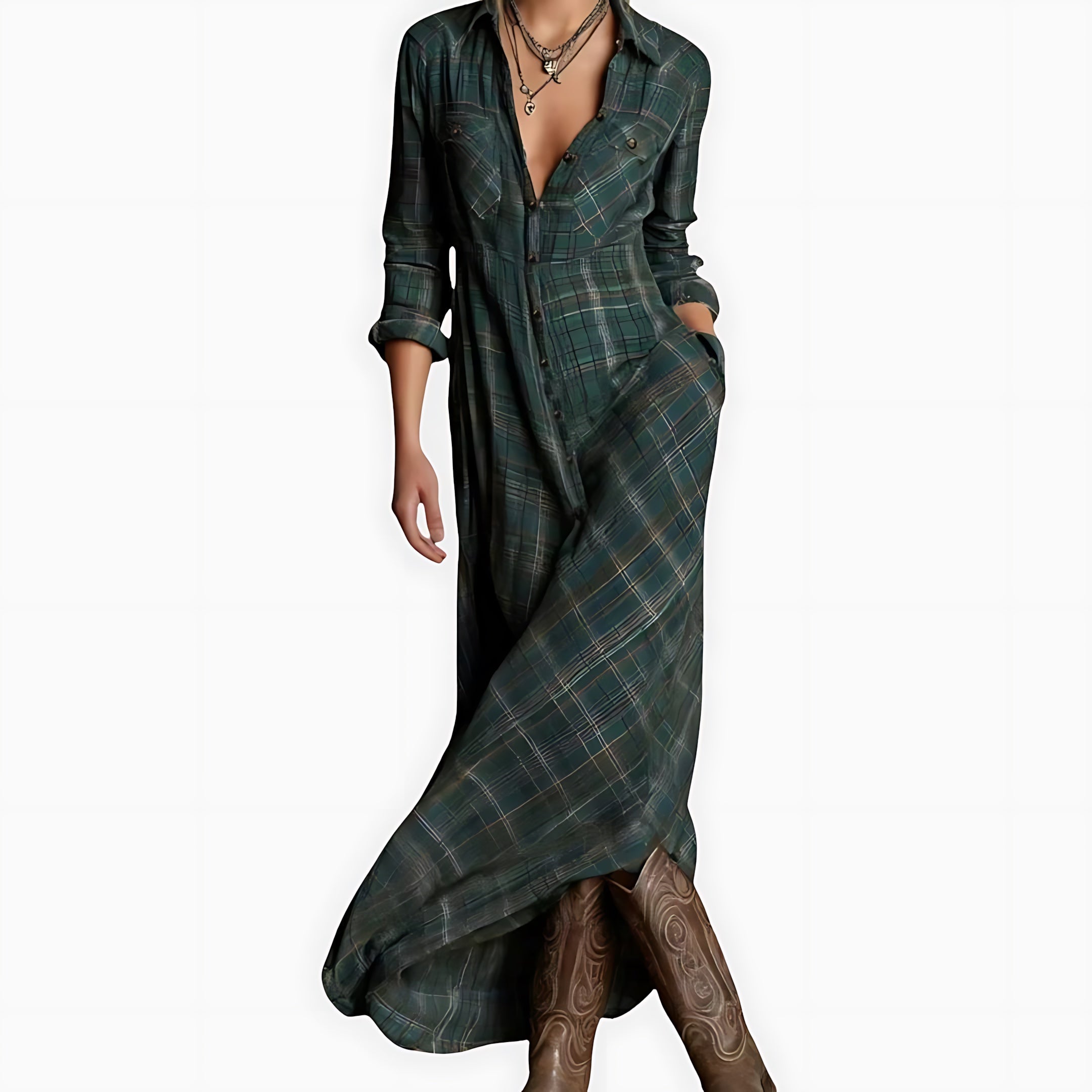 Sara – Plaid Collared Long Sleeve Maxi Shirt Dress