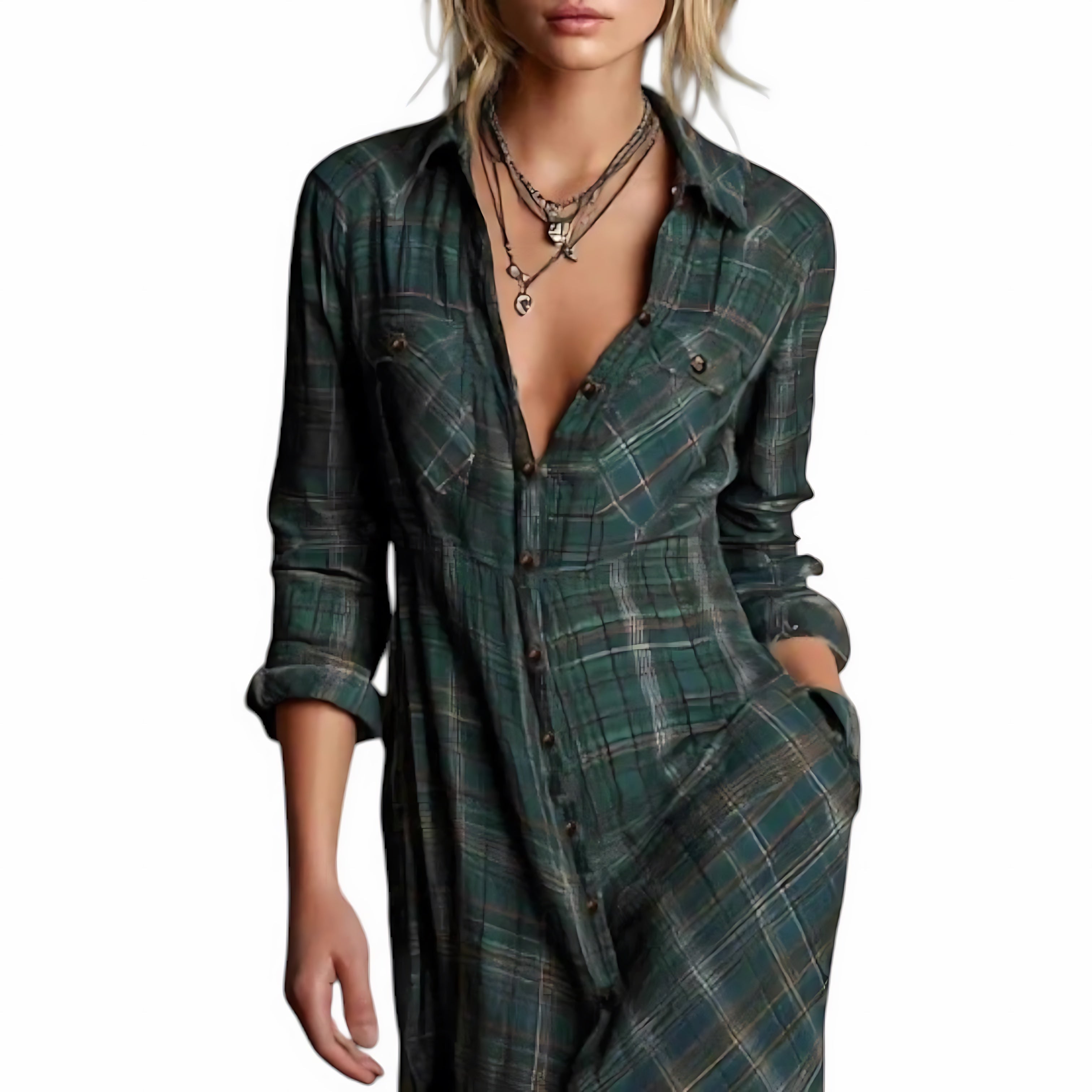 Sara – Plaid Collared Long Sleeve Maxi Shirt Dress