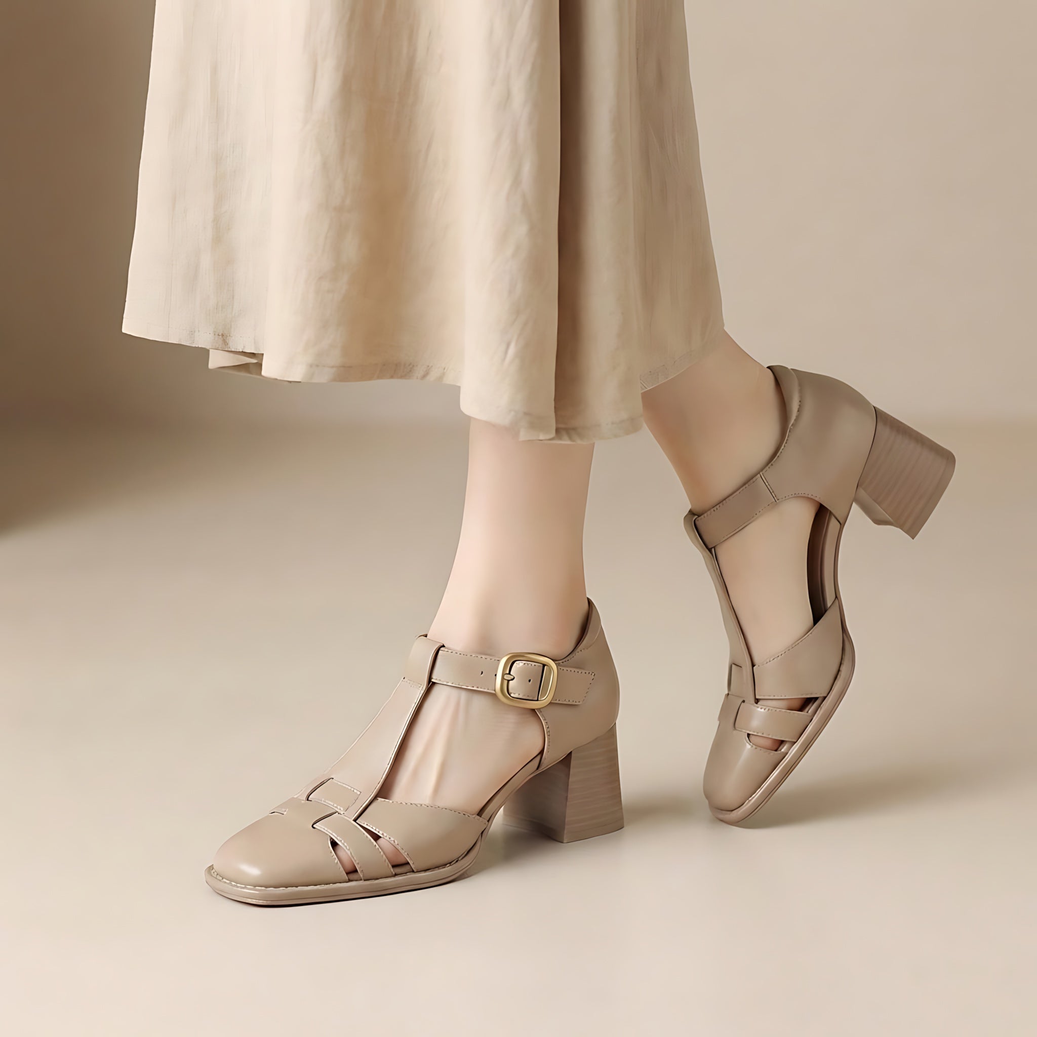 Sarah – Closed Toe T Strap Chunky Block Heels