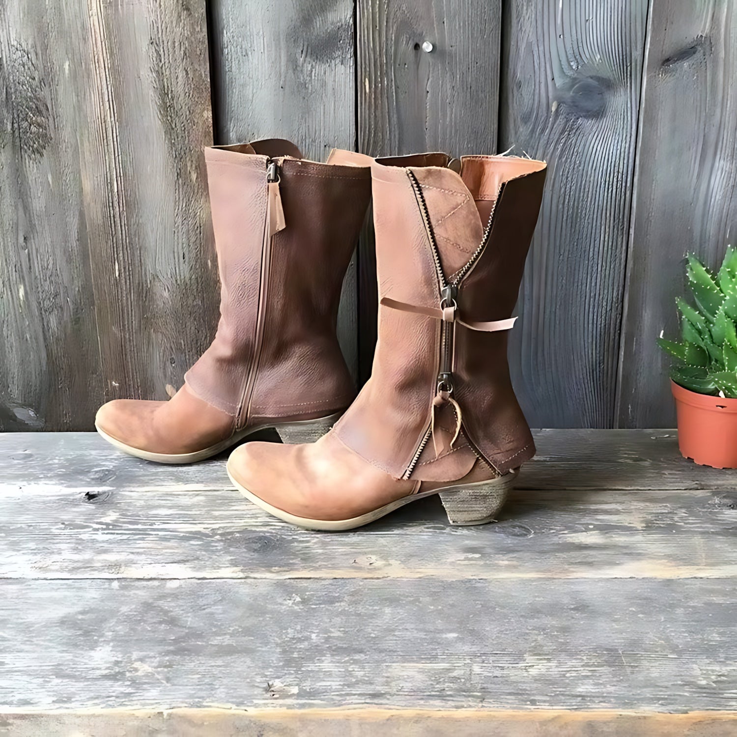 Sarah – Distressed Leather Mid Calf Boots