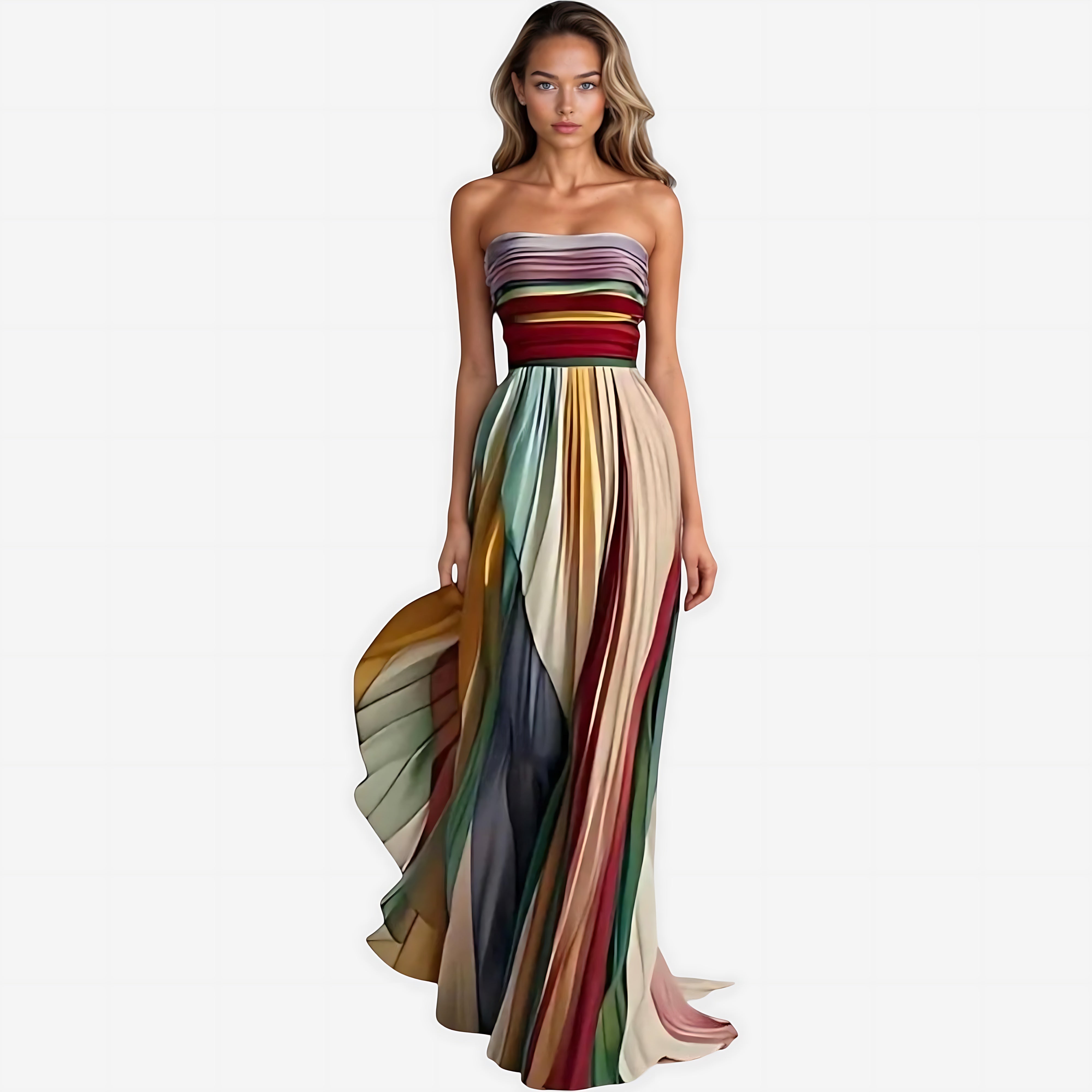Sarah – Striped Strapless Pleated Evening Maxi Dress