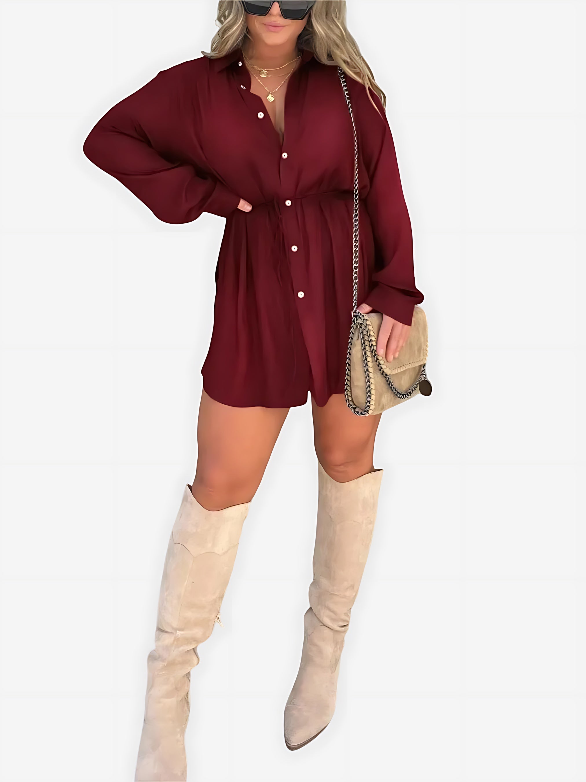 Savannah – Cinched Waist Long Sleeve Mini Shirt Dress