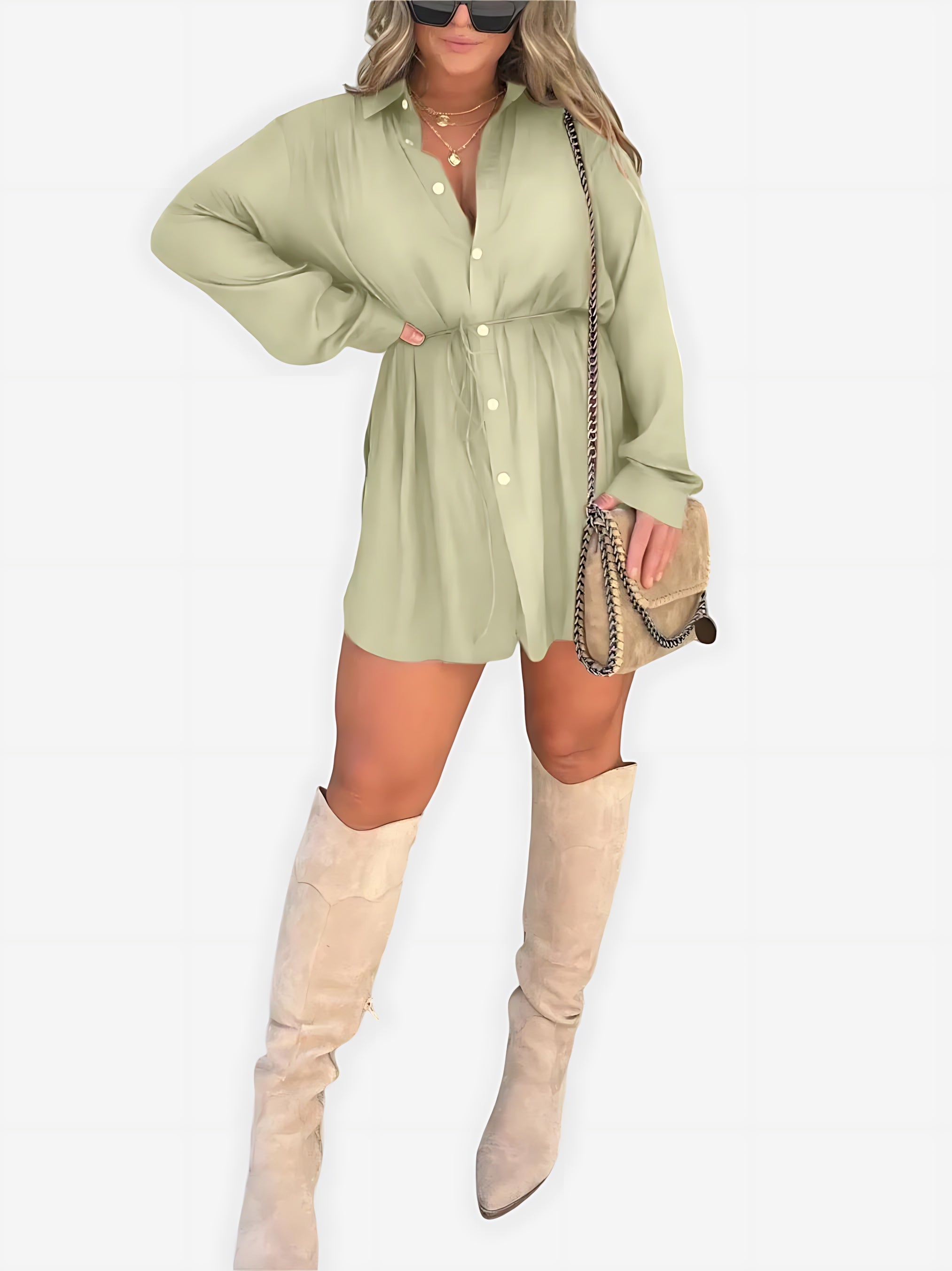 Savannah – Cinched Waist Long Sleeve Mini Shirt Dress