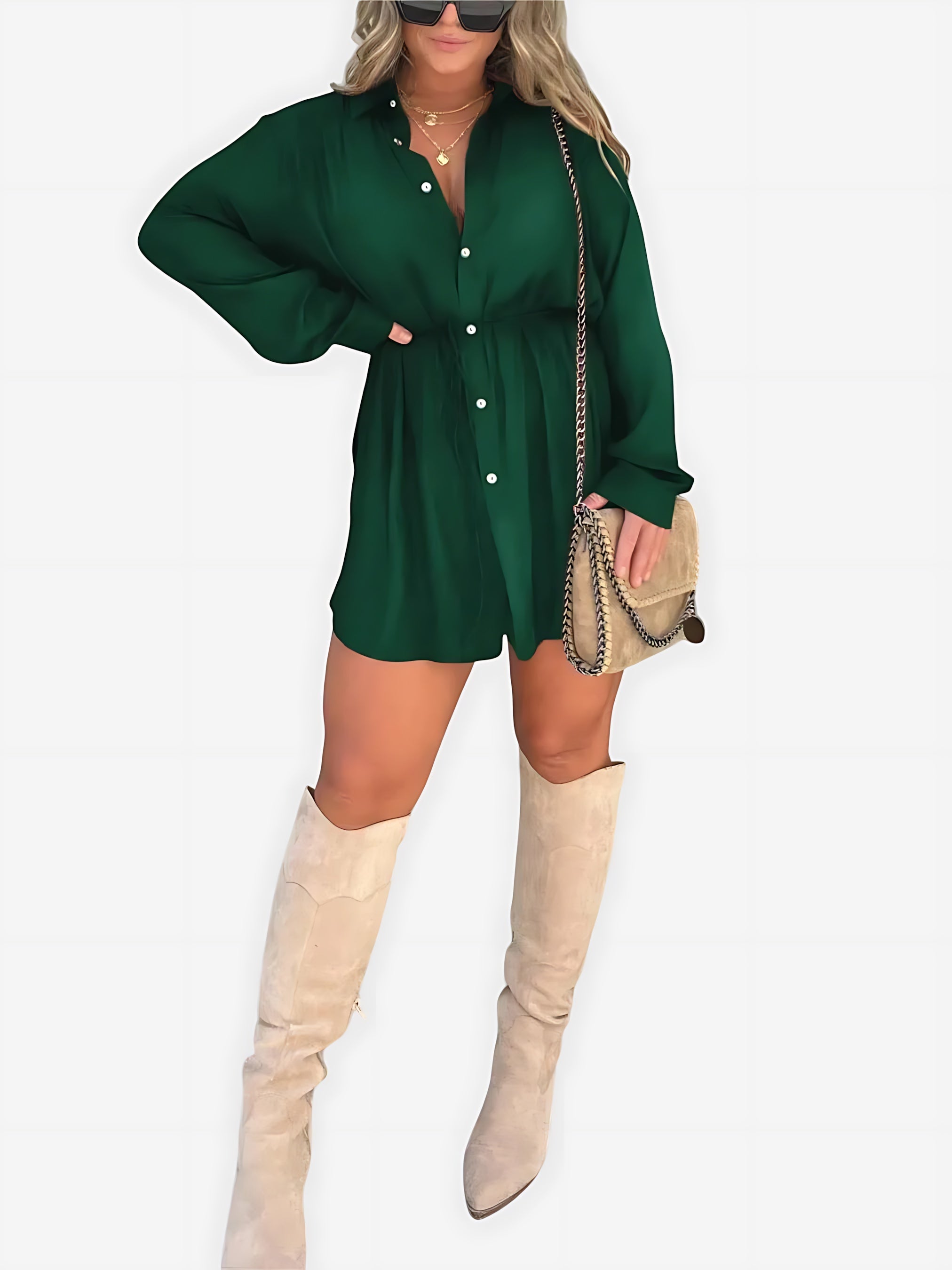 Savannah – Cinched Waist Long Sleeve Mini Shirt Dress