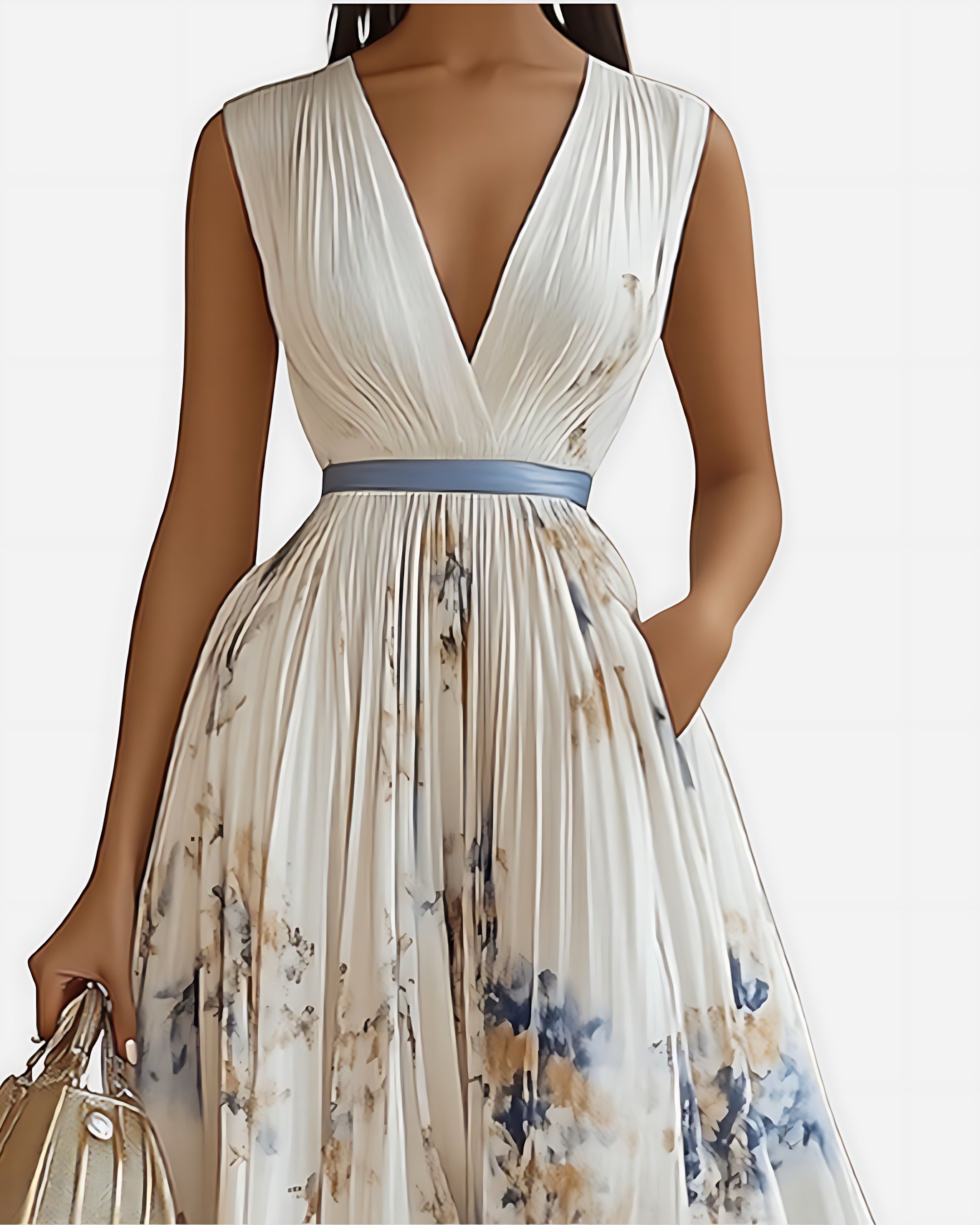 Scarlett – Abstract Print V Neck Pleated Midi Dress
