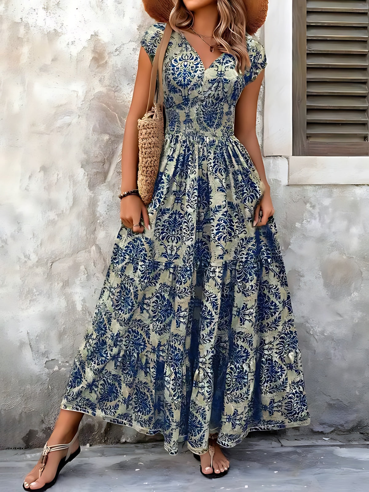 Selena – Boho Print Smocked Tiered Maxi Dress