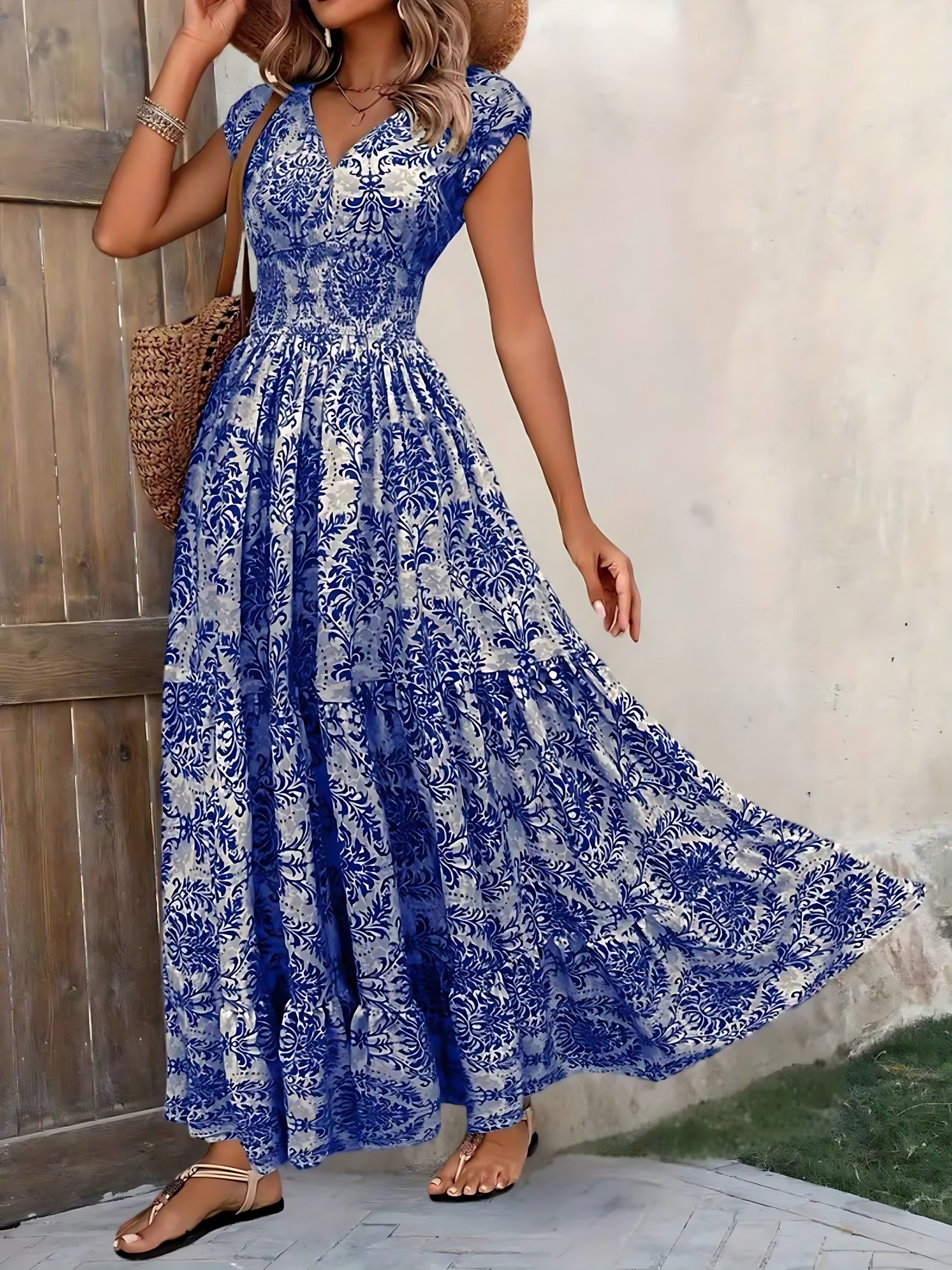 Selena – Boho Print Smocked Tiered Maxi Dress