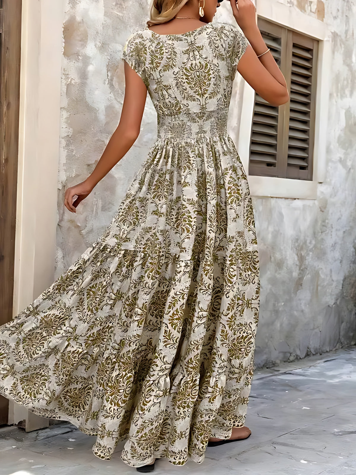 Selena – Boho Print Smocked Tiered Maxi Dress