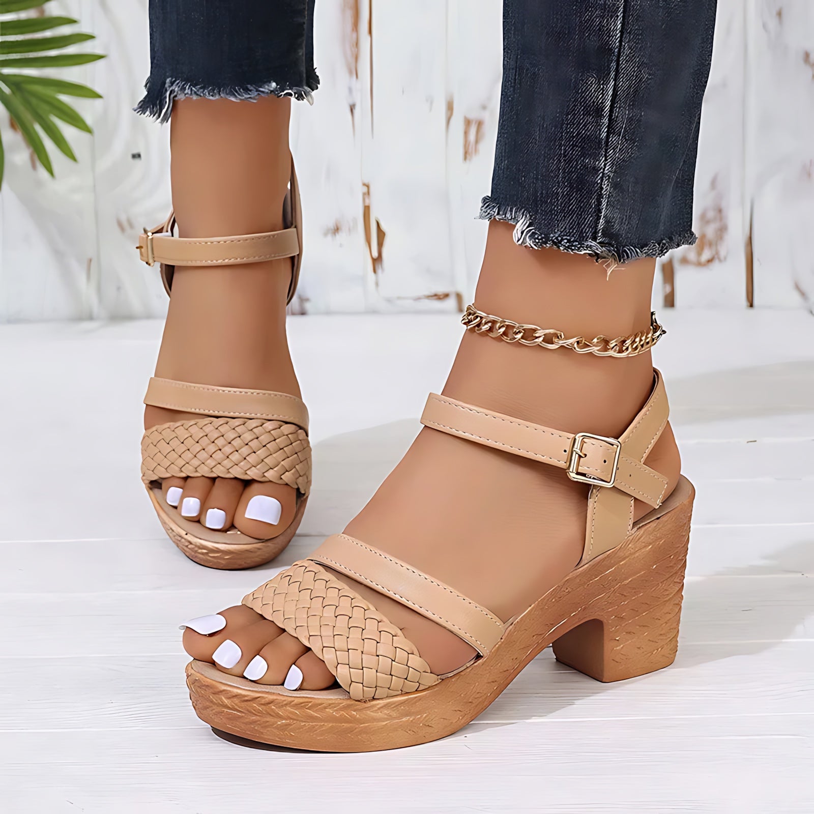 Selena – Woven Ankle Strap Block Heel Sandals