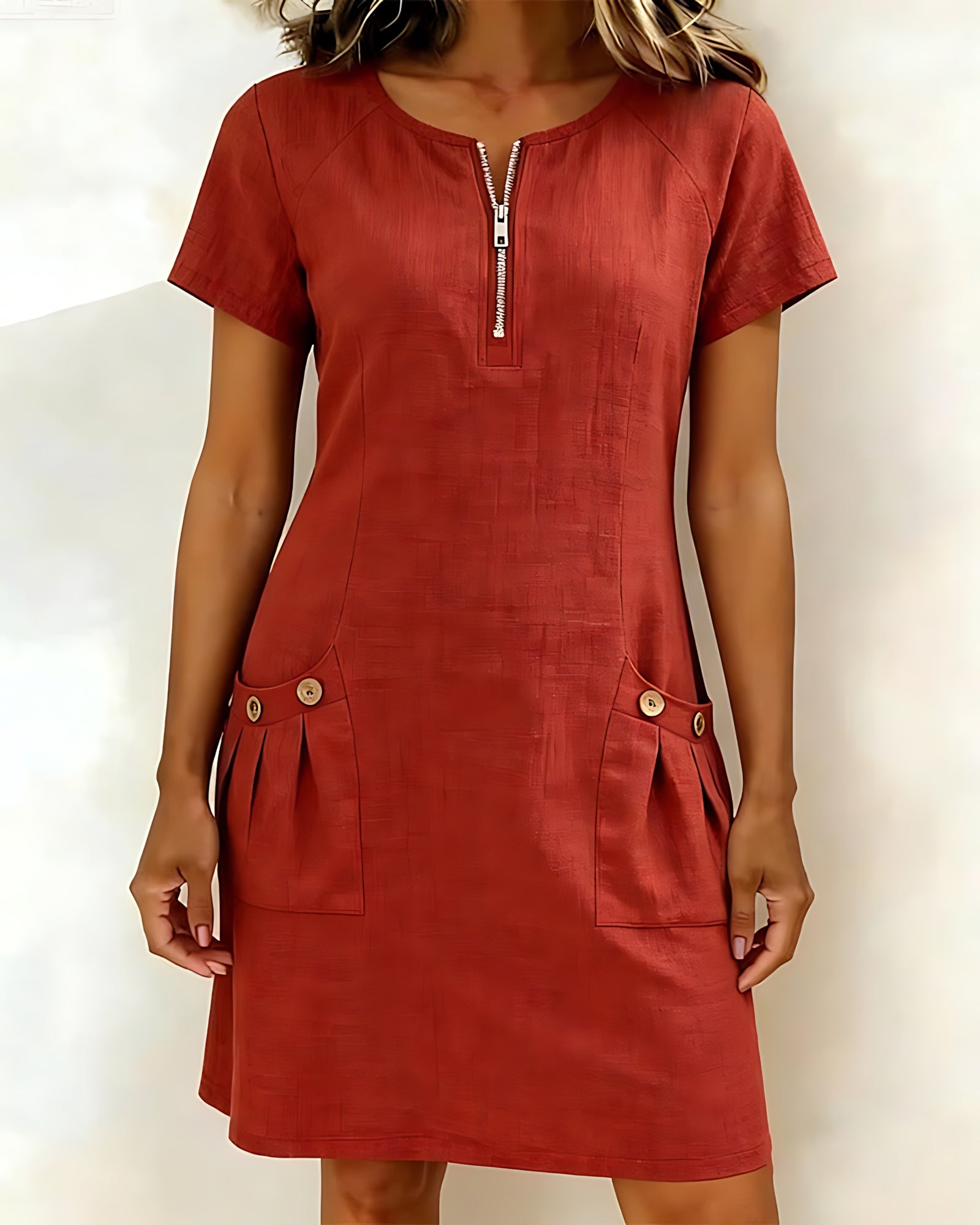 Selena – Zip Neck Short Sleeve Shift Dress