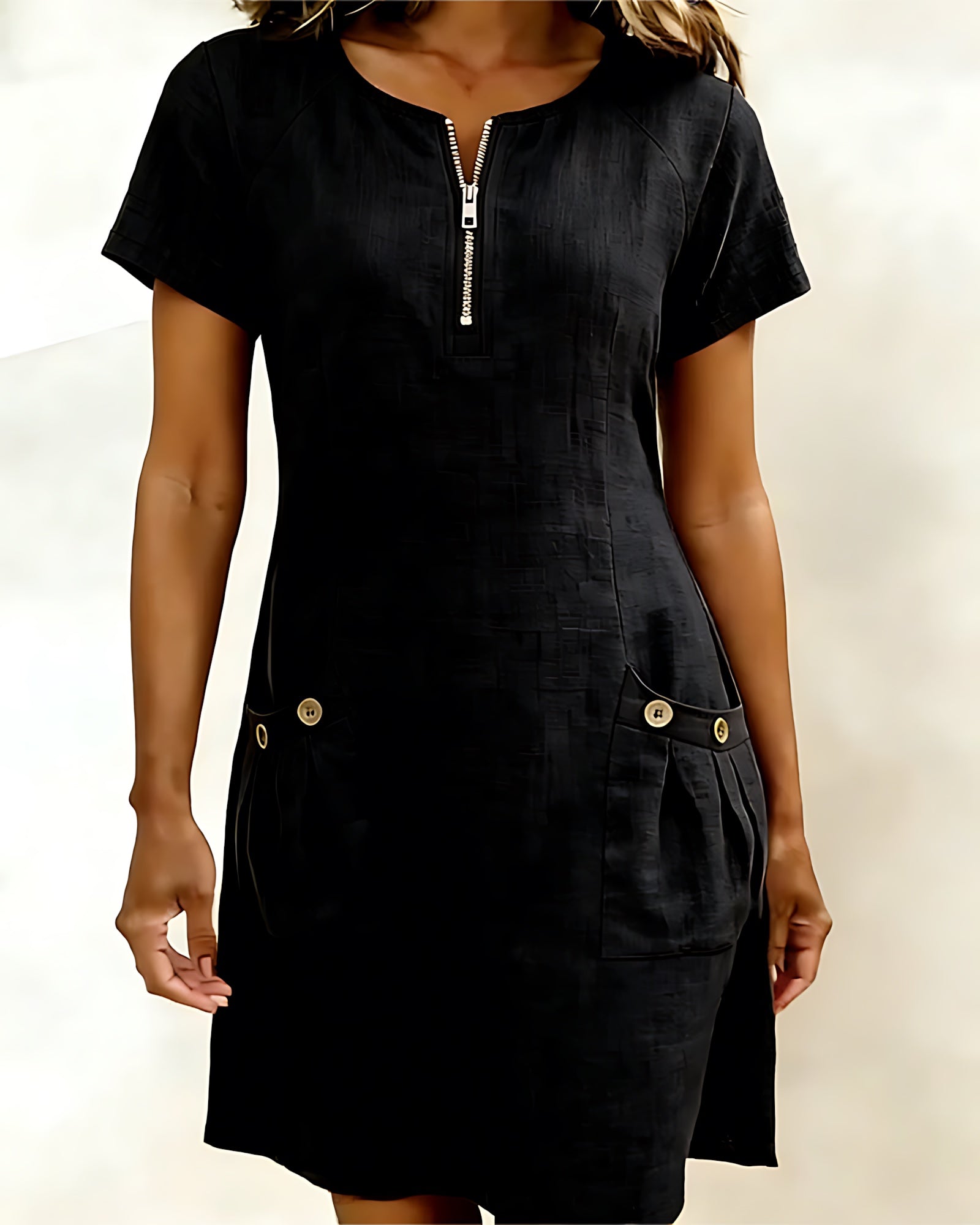 Selena – Zip Neck Short Sleeve Shift Dress